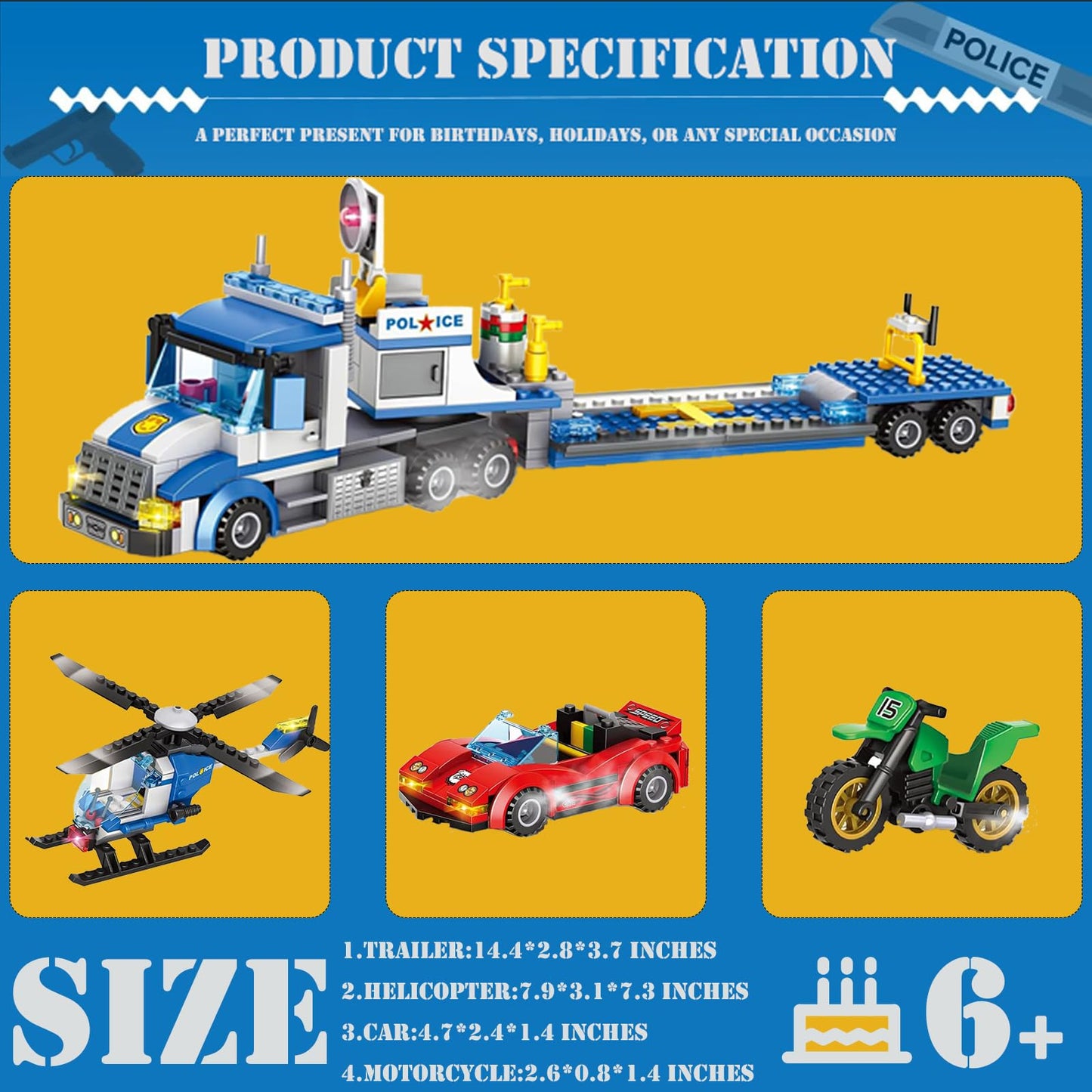 EtrealEli City Police Car, Motorcycle,Truck and Trailer&Helicopter Building Block Sets(509pcs),Police Chase Toy Set,Gift for Kids and audlts