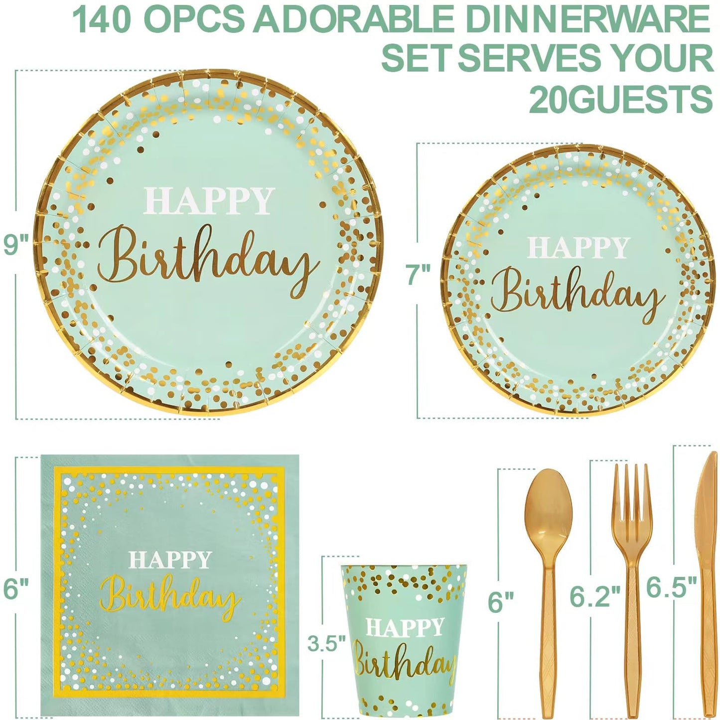 LTplazhi Sage Green and Gold Party Supplies 140 Pieces Happy Birthday Dinnerware - Sage Green Paper Plates, Napkins, Cups, Gold Plastic Forks, Knives