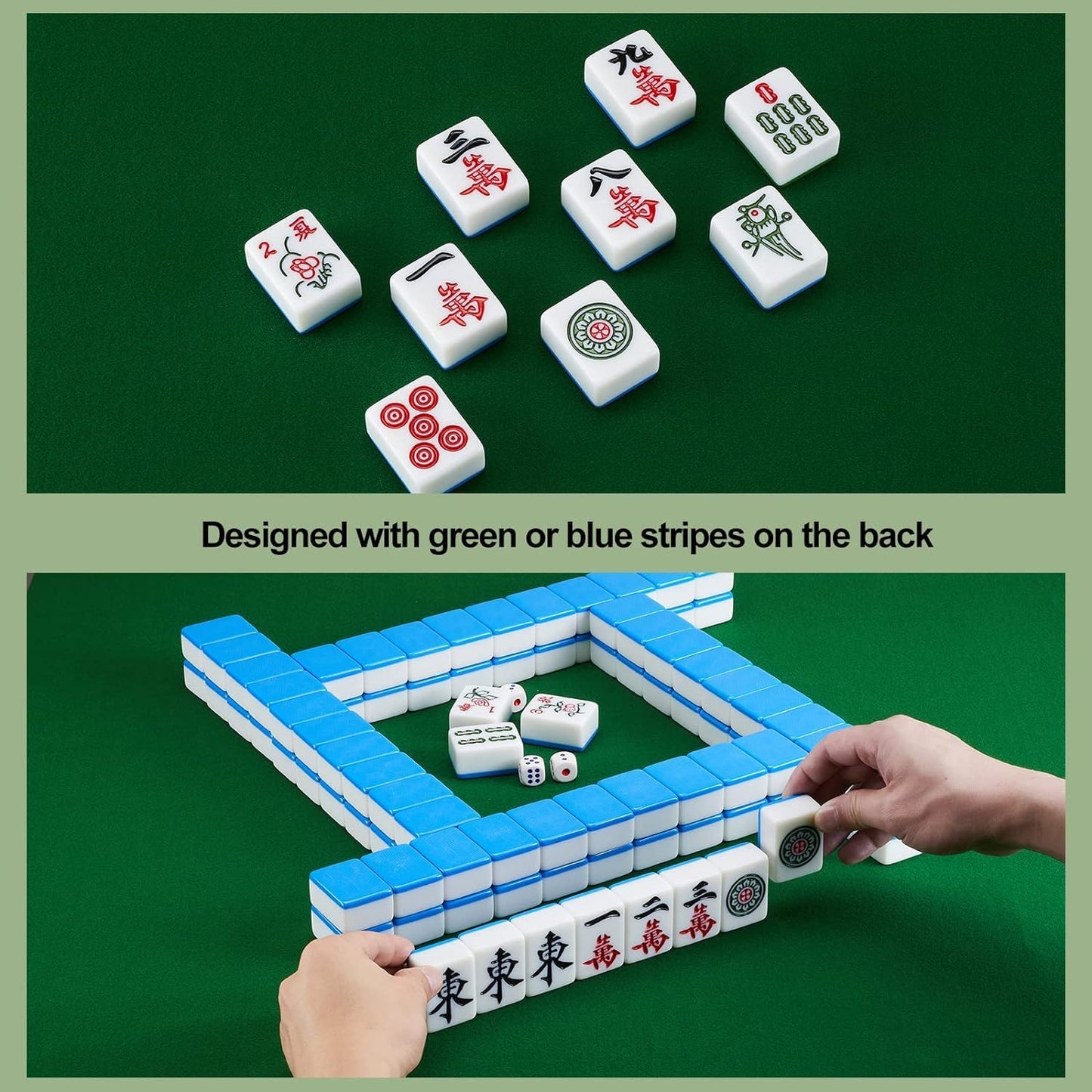 LinaLife Chinese Mahjong Set, Classic with 146+ Blue Colored Tiles, Dice Large 1.6 inch 40mm Mahjong Tiles Melamine English Instraction, Complete