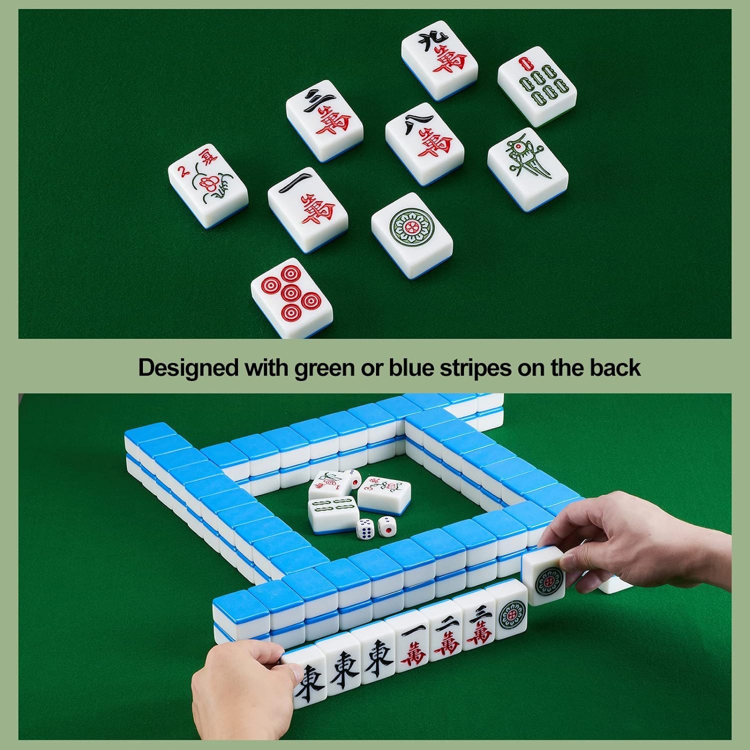 LinaLife Chinese Mahjong Set, Classic with 146+ Blue Colored Tiles, Dice Large 1.6 inch 40mm Mahjong Tiles Melamine English Instraction, Complete