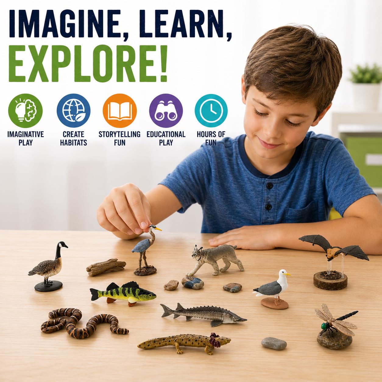 Safari Ltd. Great Lakes TOOB - Figurines of Mudpuppy, Dragonfly, Water Snake, Bat, Goose, Herring Gull, Blue Heron, Lynx, Sturgeon, Yellow Perch