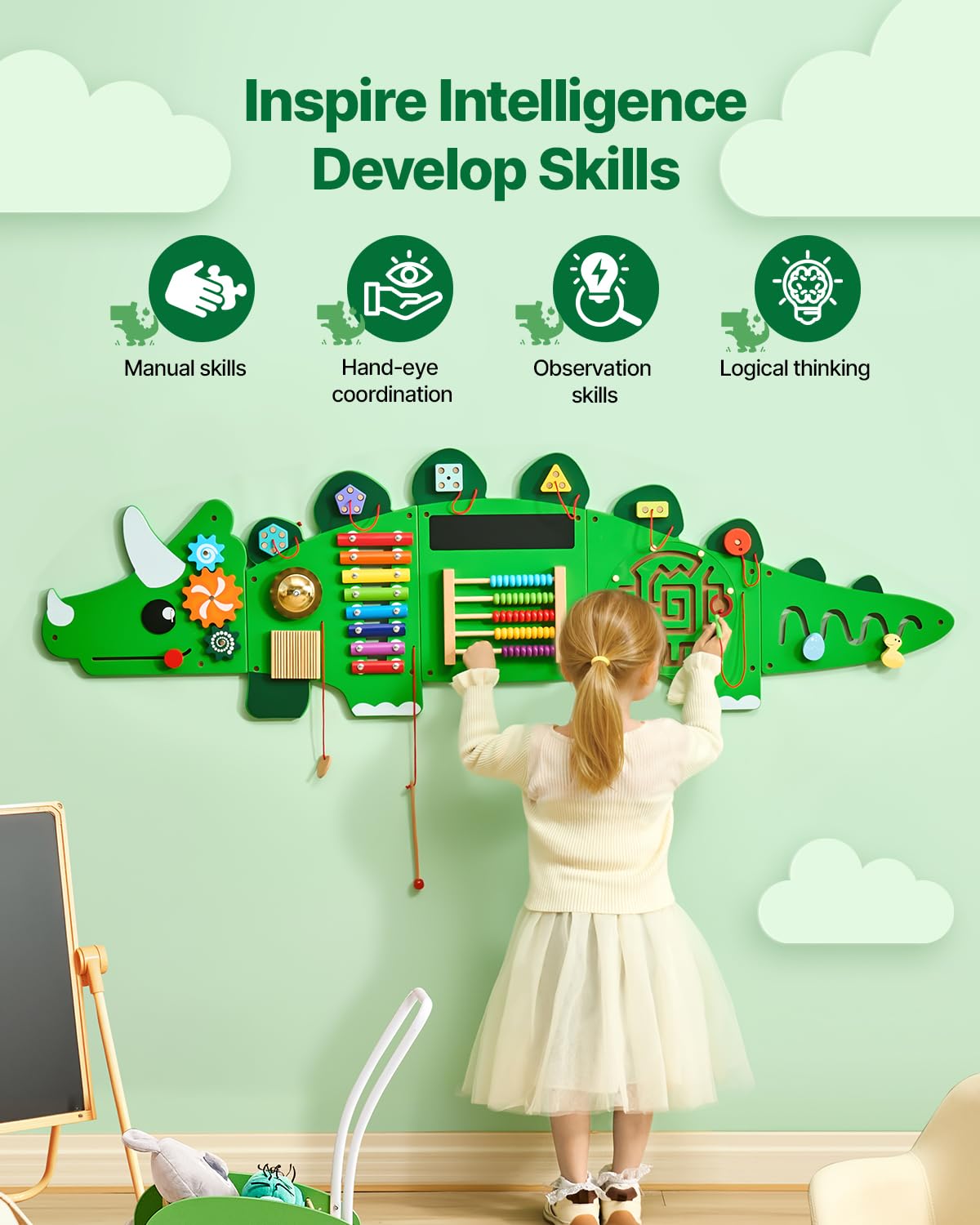 VEVOR Dinosaur Activity Busy Board Wall, 11 Activities Board, Montessori Sensory Wall Panel for Kids 3-12 Years, Sensory Activity Panel, Ideal