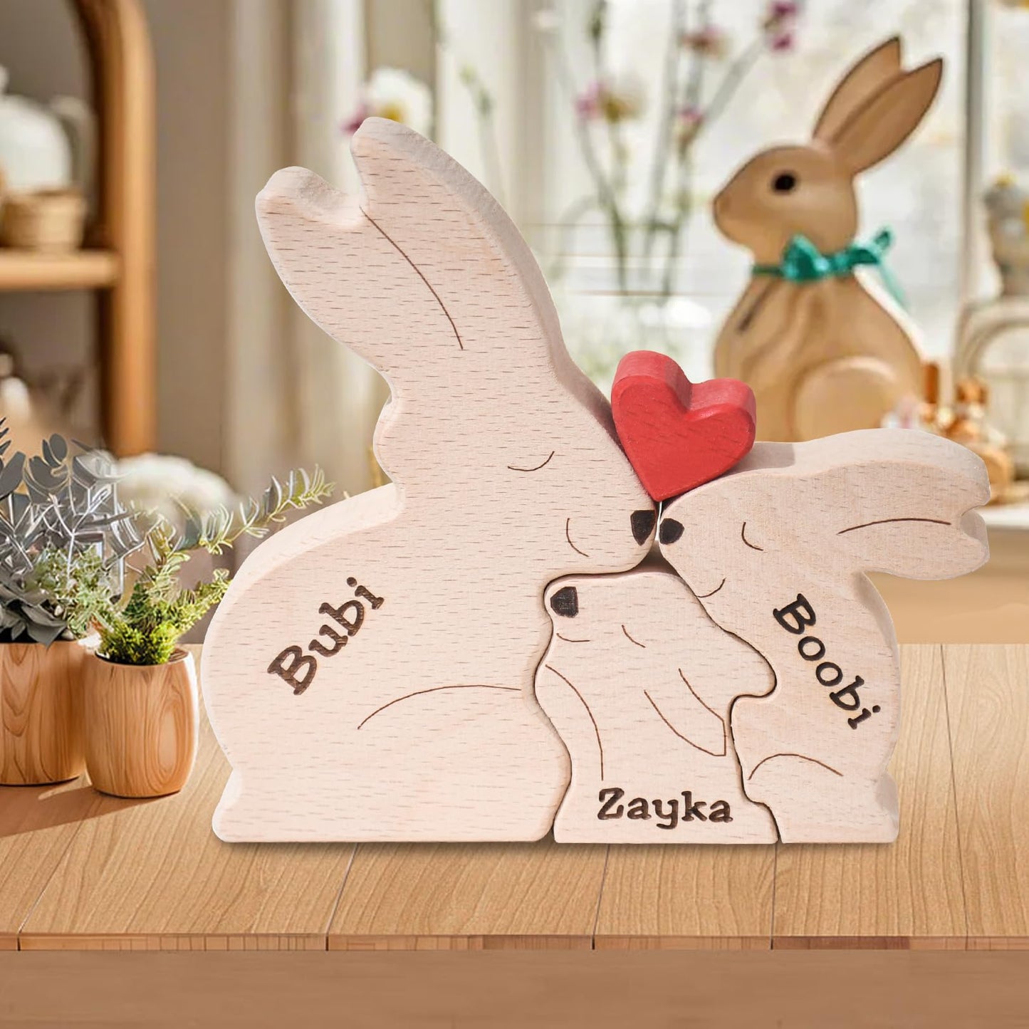 JOBFLY Personalized Wooden Bunny Puzzle We are One Family Puzzle Custom Name Sculpture Unique Wooden Decor Gift for Mom/Dad/Family Members House
