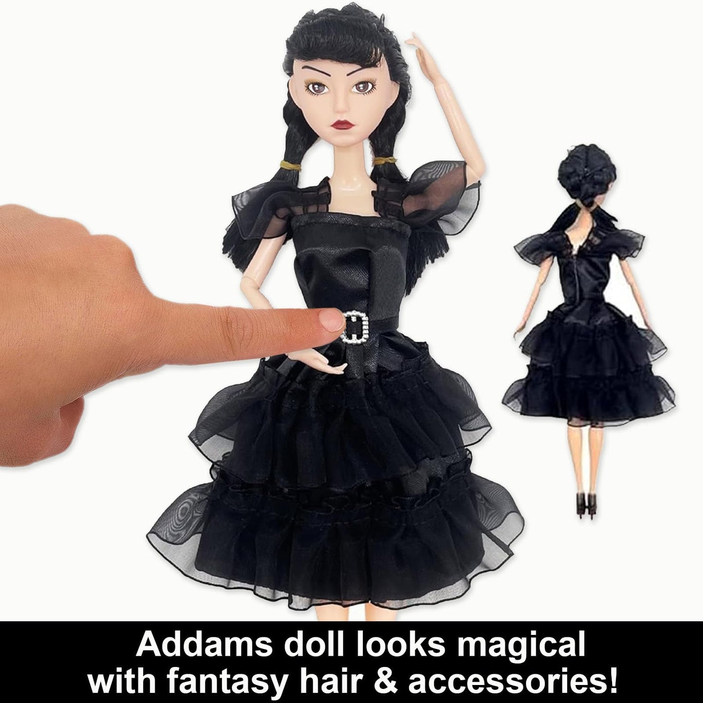 Outeat Addams Dolls for Girls, Addams Doll Black Dress, Ideal Halloween Christmas Birthday Gifts for Kids (A+Keychain)