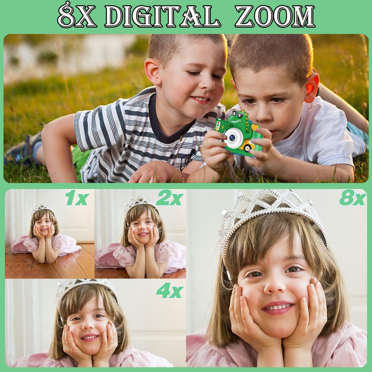 Kids Digital Camera, 1080P HD Video Camera for Toddlers with 32GB SD Card, Dinosaur Protective Case, Card Reader, Fun Selfie Toy Camera for Ages 3-12