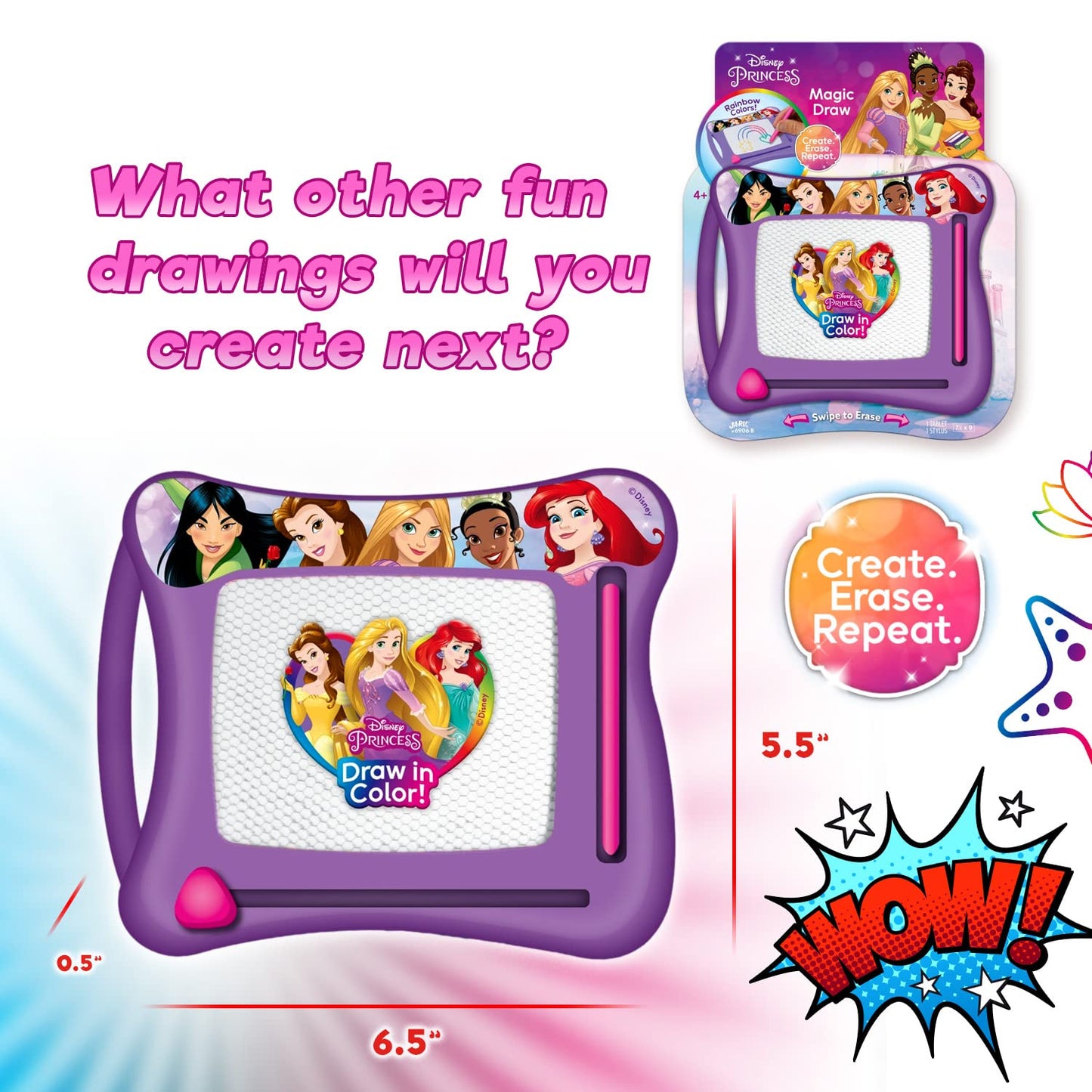 JA-RU Disney Princess Magic Draw-Magnetic Drawing Pad (1 Pack). Drawing Kids Board Car Trip Toys | Mess-Free Small Kids Write Board | Creative