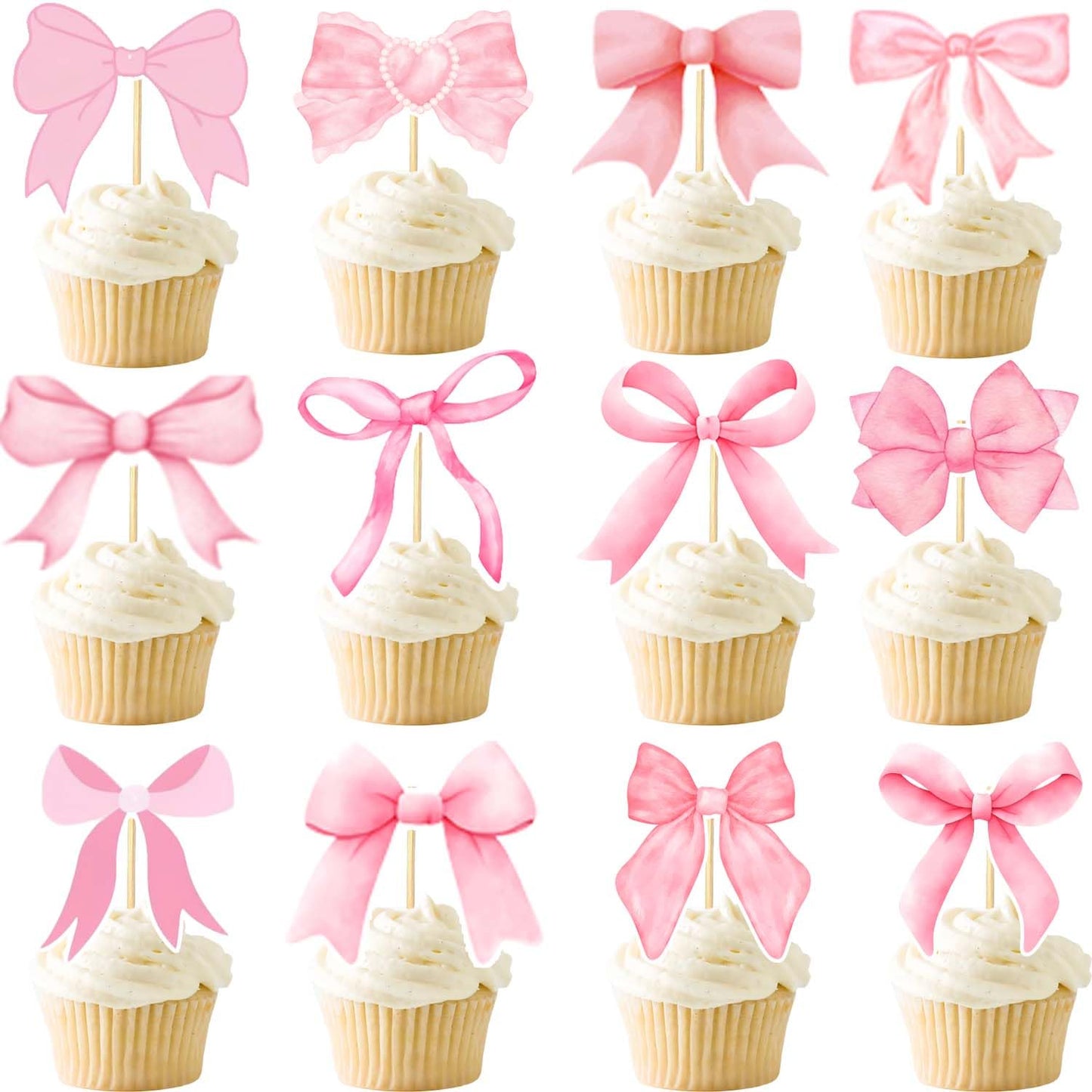 24PCS Coquette Bow Cupcake Toppers, Pink Bow Coquette Birthday Cake Decorations for Bachelorette Bridal Engagement Wedding Girl Baby Shower Bow Theme