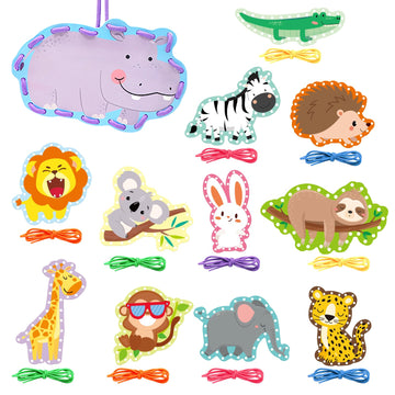 Omlisca Jungle Animal Lacing Cards for Kids 12 Packs Double Sided Sewing Kits Lion Wild Animal Sewing Cards Educational & Learning Activities Fine