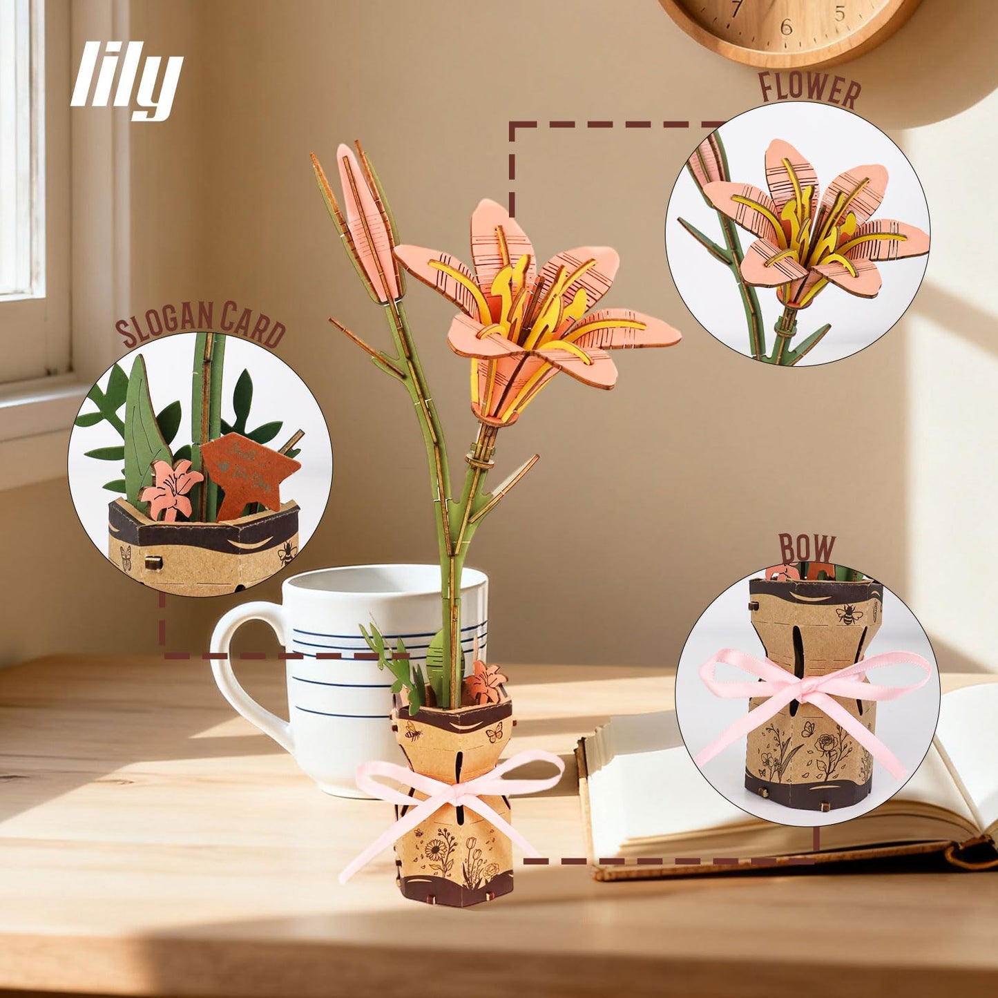 3D Flower Wooden Puzzles Kit, DIY Wooden Flowers Model Kit for Adults, Kids, Valentine's Day/Mother's Day/Birthday/Christmas Toy Gift Set (Pink Lily)