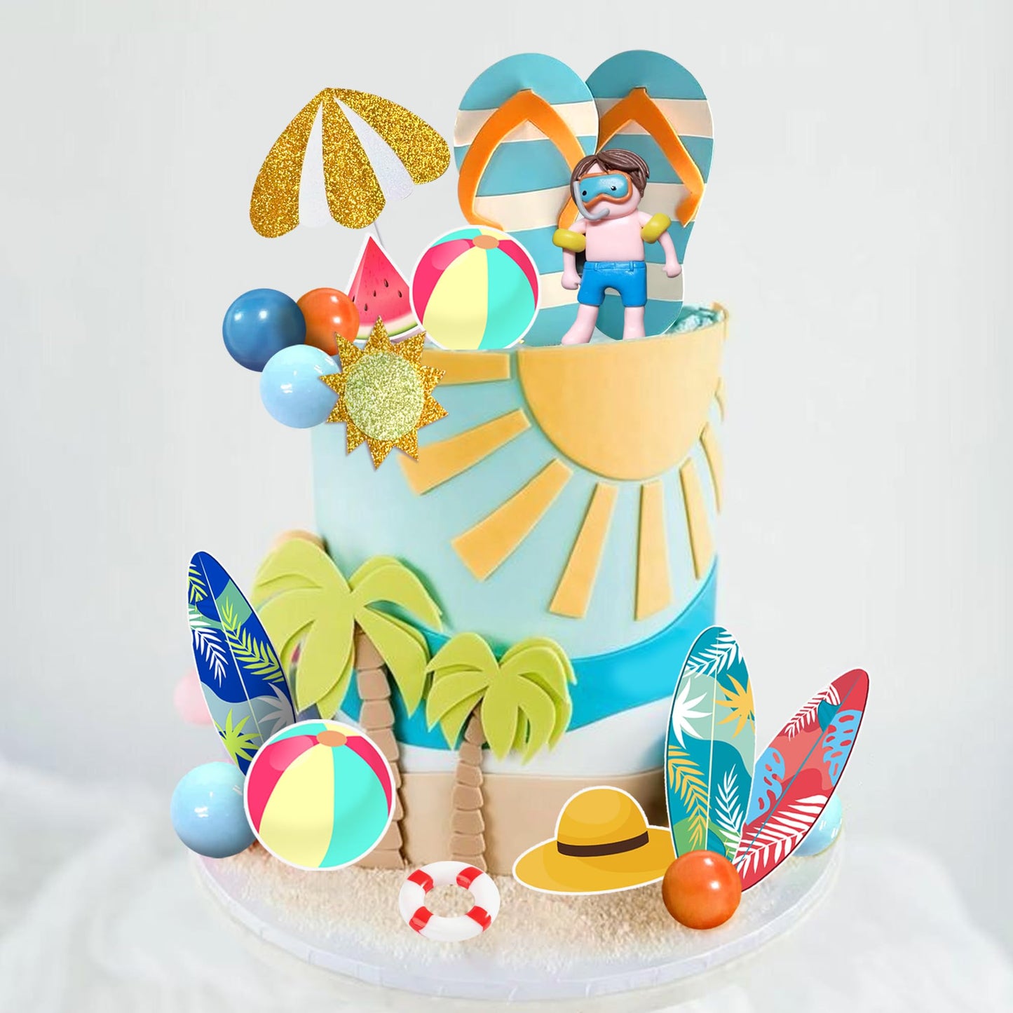 21 PCS Beach Cake Topper Summer Hawaiian Cake Decorations with Slipper and Swimmer Clay for Swimming Pool Aloha Birthday