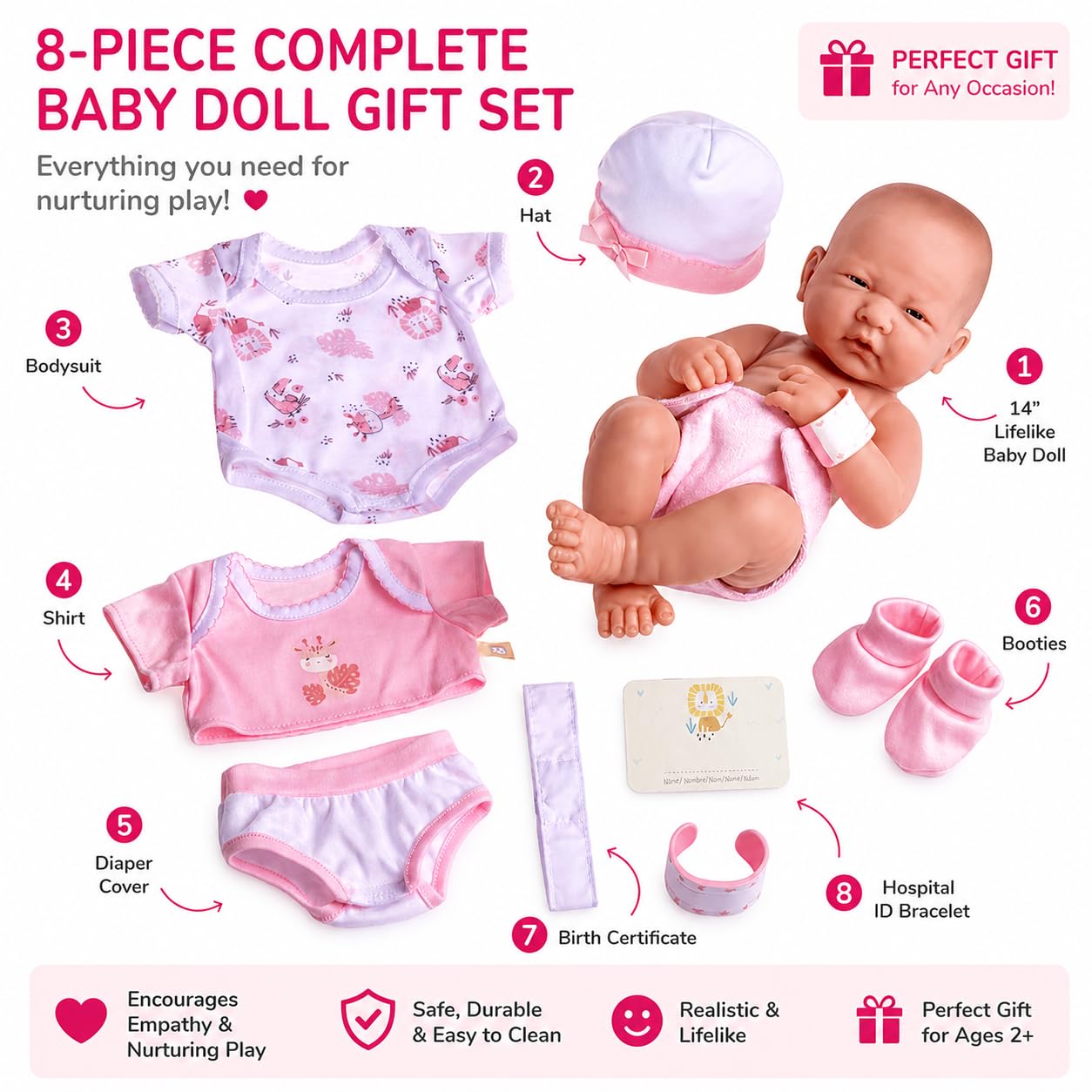 8 piece Layette Baby Doll Gift Set | JC Toys - La Newborn Nursery | 14" Life-Like Doll w/ Accessories | Pink | Ages 2+