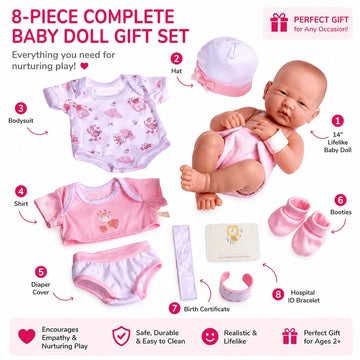 8 piece Layette Baby Doll Gift Set | JC Toys - La Newborn Nursery | 14" Life-Like Doll w/ Accessories | Pink | Ages 2+