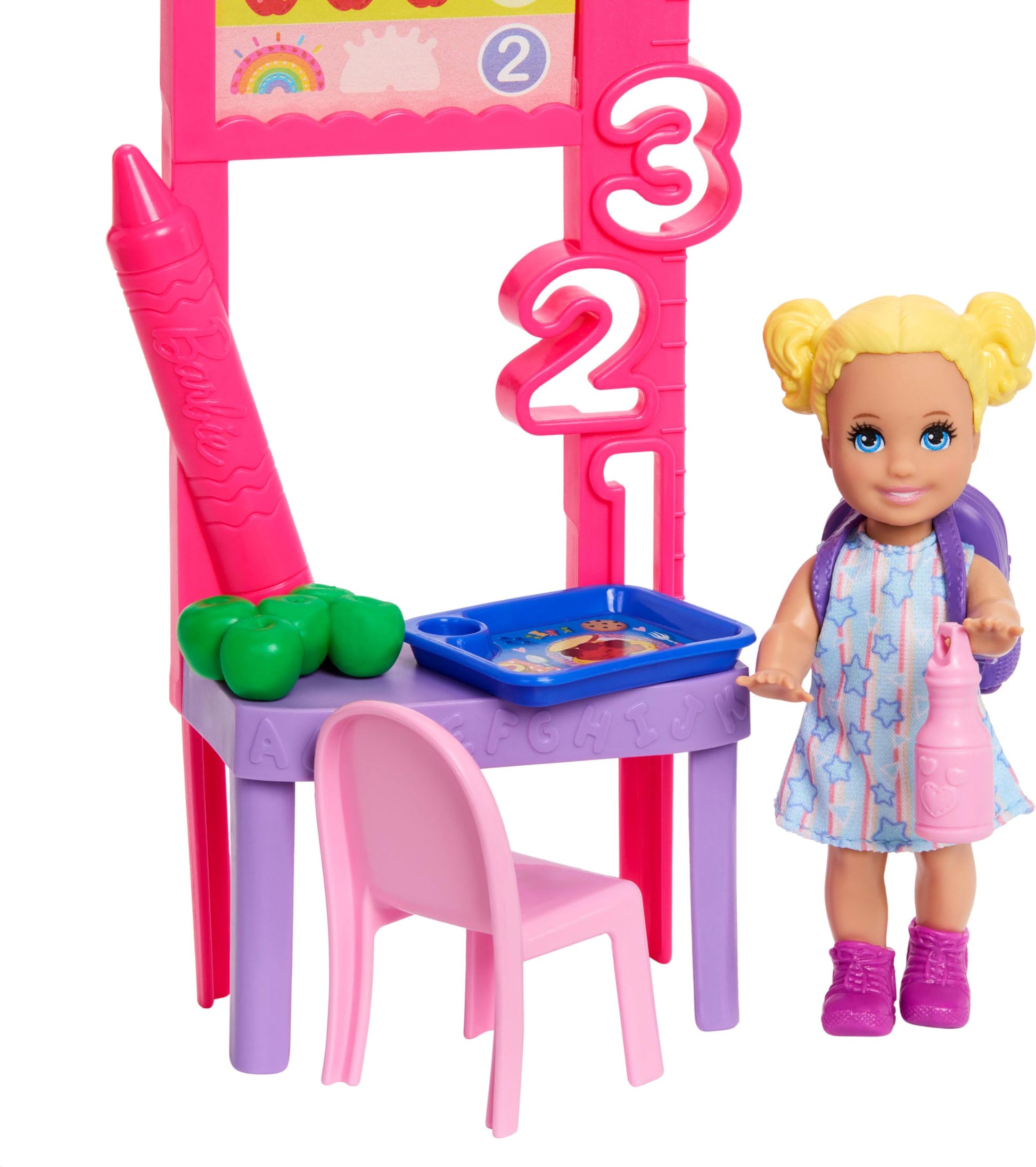 Barbie Careers Teacher Playset with Fashion Doll Wearing Removable Dress, Toddler Small Doll, Classroom Board & Accessories