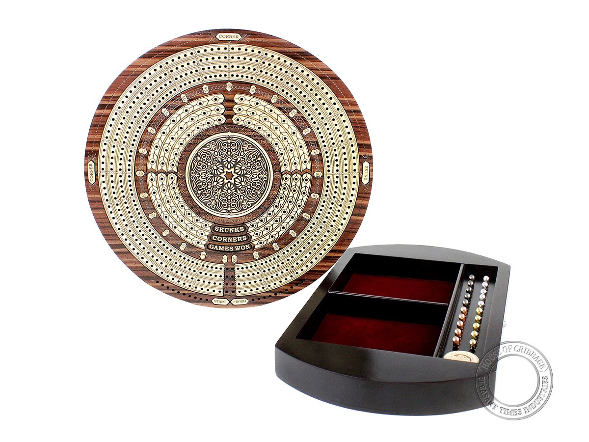 House of Cribbage - 10" Round Shape 4 Tracks Continuous Cribbage Board - Rosewood/Maple - Push Drawer with Score Marking Fields for Skunks, Corners