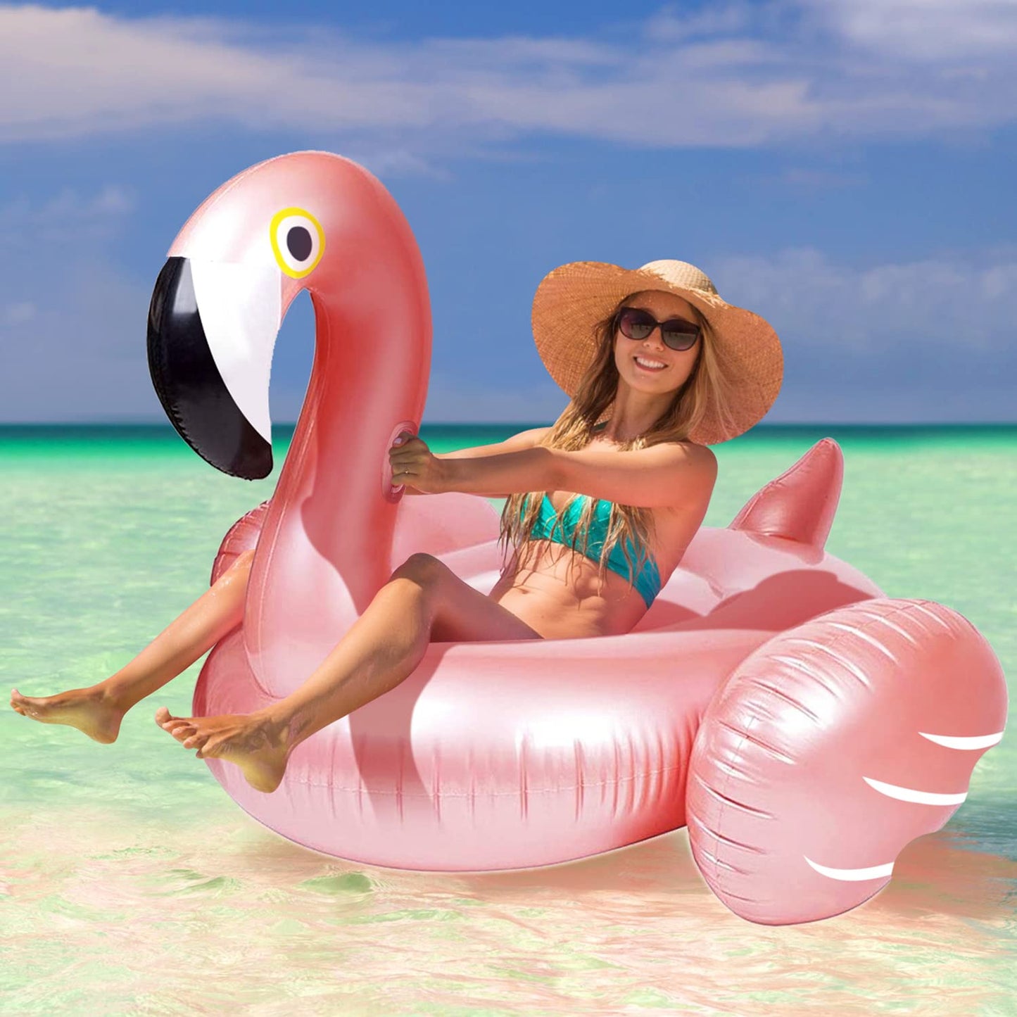Giant Inflatable Flamingo Ride On Pool Float, Blow Up Pool Floatie with Fast Valves Swimming Floating Raft, Lounge, Summer Party Decorations Toys