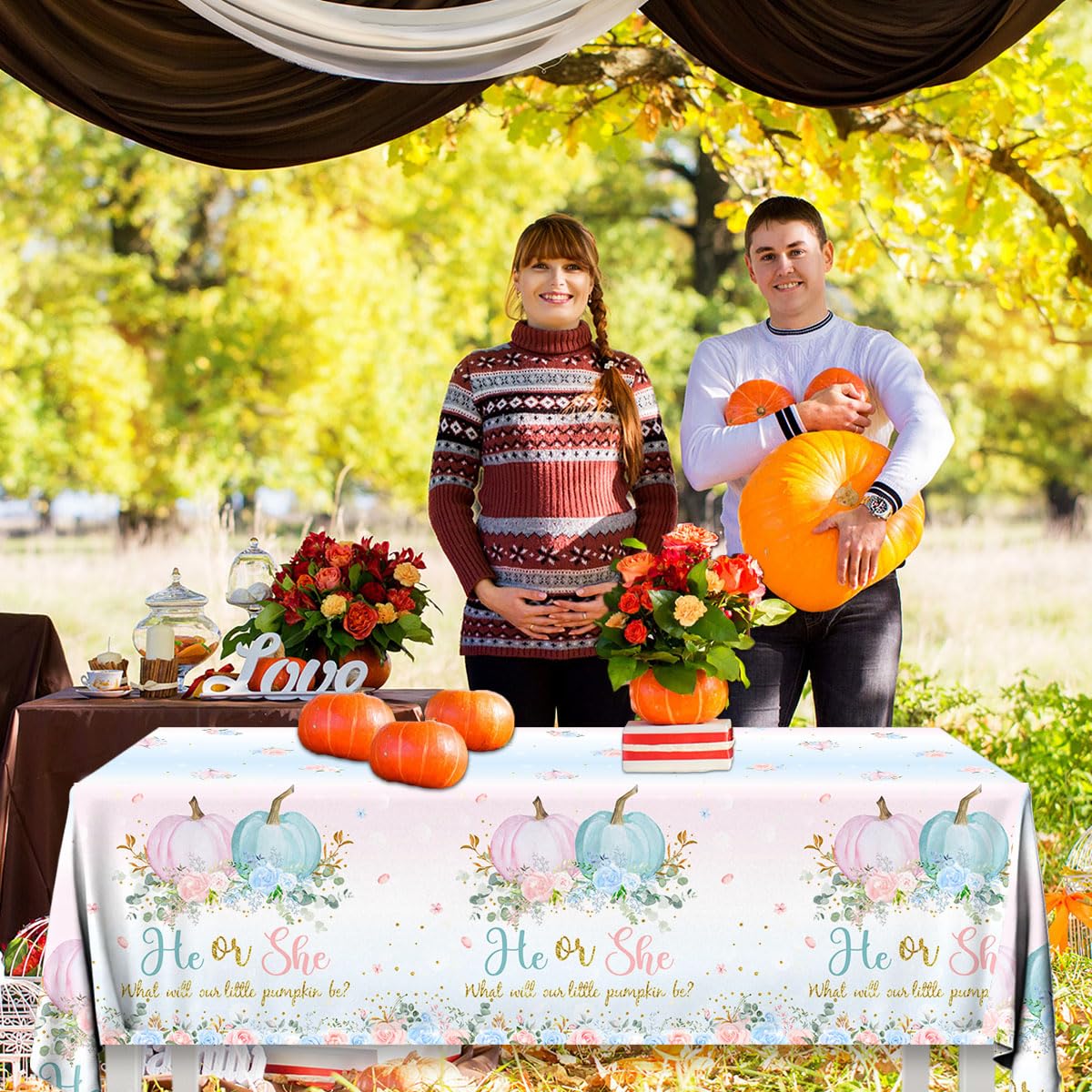 3Pcs Fall Tablecloth Decoration - He or She Gender Reveal Tablecloth Fall Floral Pumpkin Disposable Table Cover Fall Theme Baby Shower Party Supplies