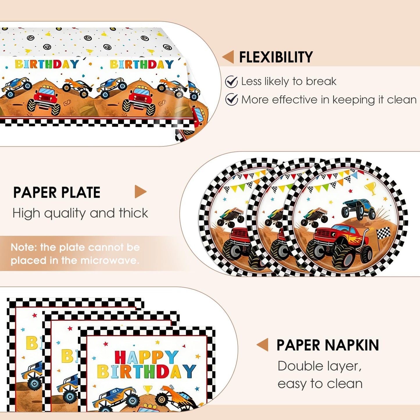 Monster Truck Birthday Decorations, 41Pcs Fun Monster Truck Party Supplies Tableware Include Kids Birthday Paper Plates Napkins and Tablecloths Set