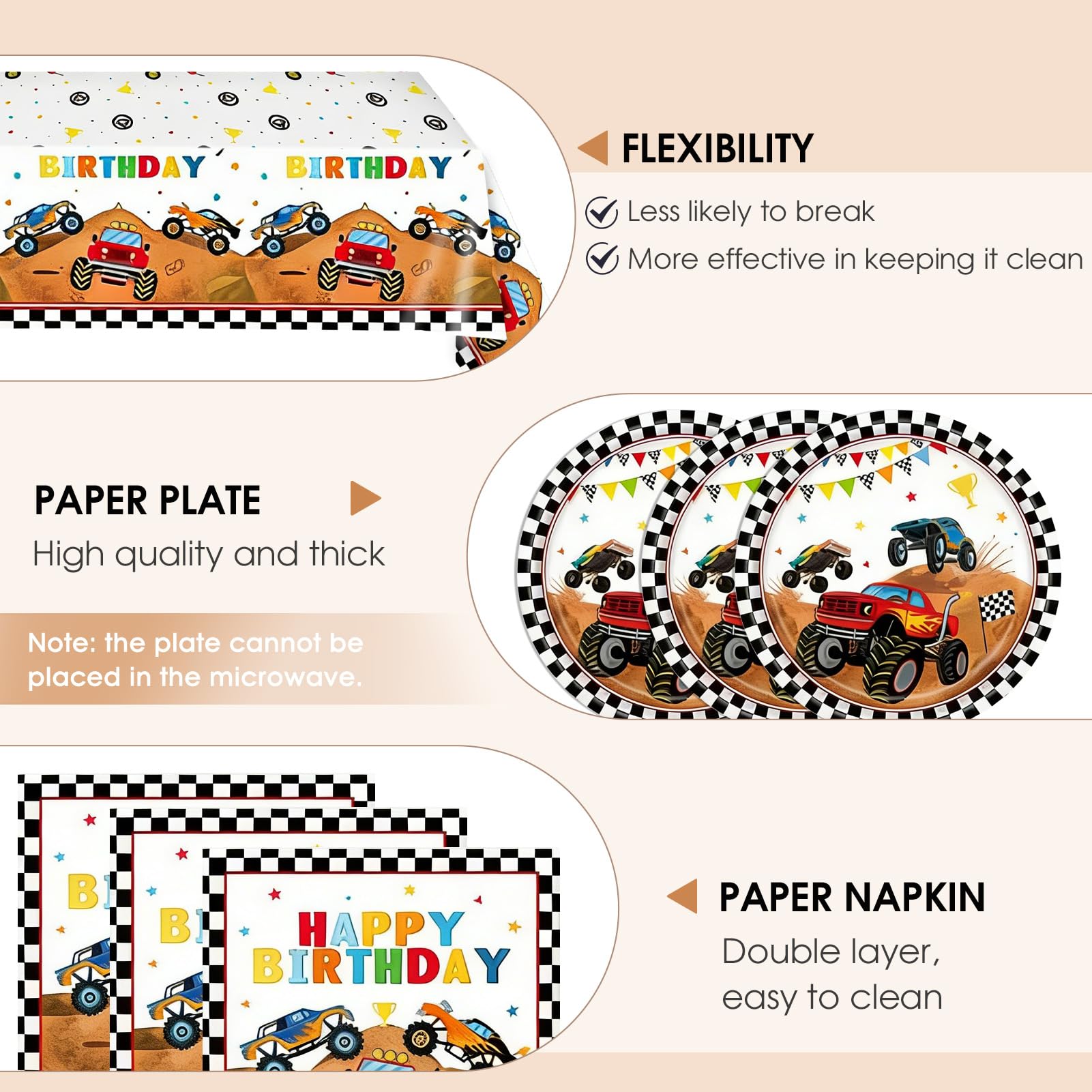 Monster Truck Birthday Decorations, 41Pcs Fun Monster Truck Party Supplies Tableware Include Kids Birthday Paper Plates Napkins and Tablecloths Set