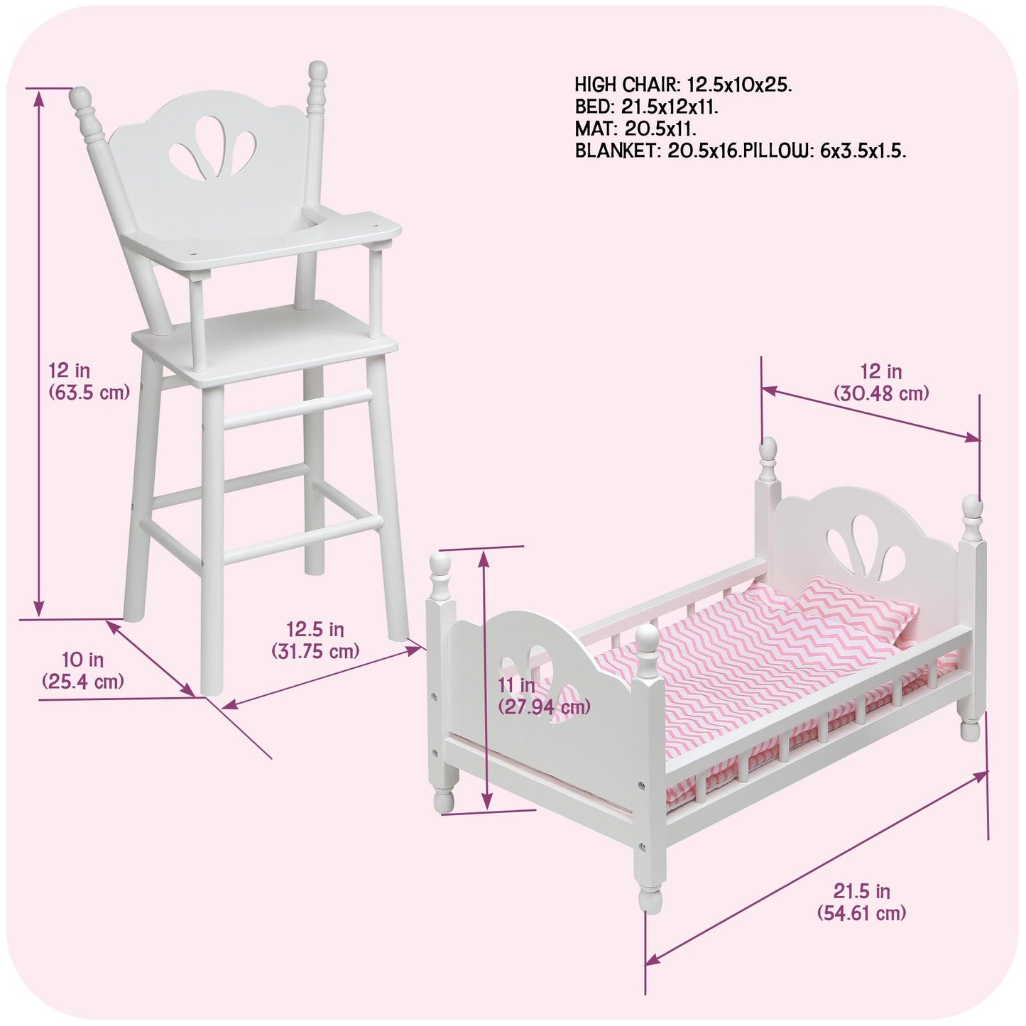 Badger Basket Doll High Chair and Bed Set - Classic Wooden Furniture for 18 Inch Dolls with Chevron Bedding, Spindle Styling, Fixed Tray and Pillow