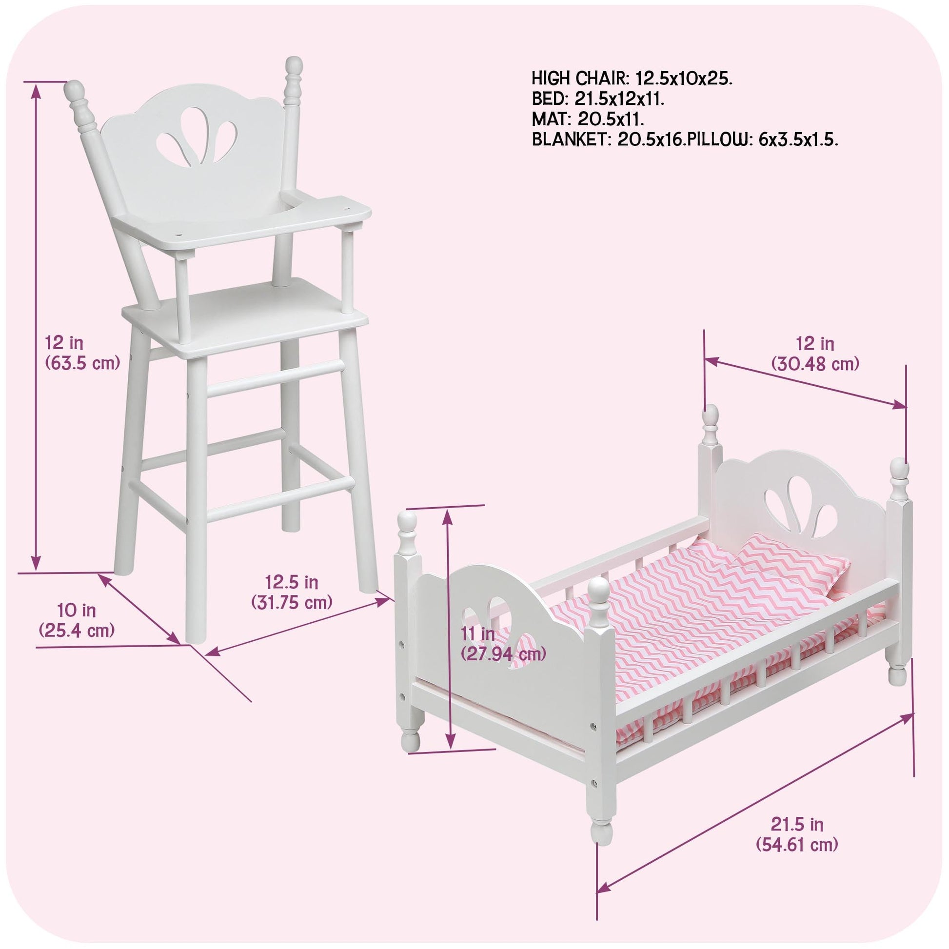 Badger Basket Doll High Chair and Bed Set - Classic Wooden Furniture for 18 Inch Dolls with Chevron Bedding, Spindle Styling, Fixed Tray and Pillow