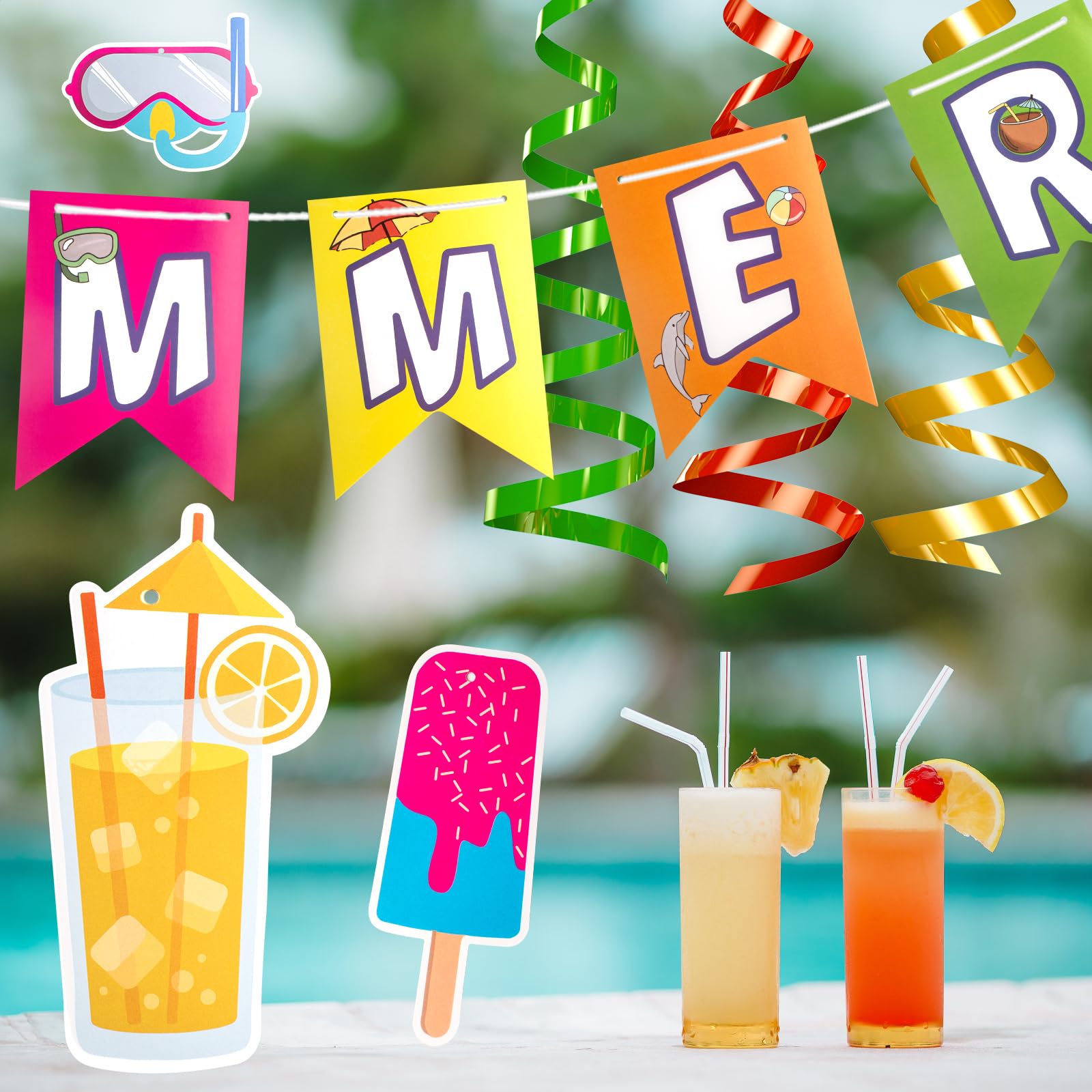AUZRUI Summer Party Decorations - 65 Pieces Beach & Pool Party Supplies, Hello Summer Banner, Hanging Swirls, Streamers, and Beach Theme Decorations