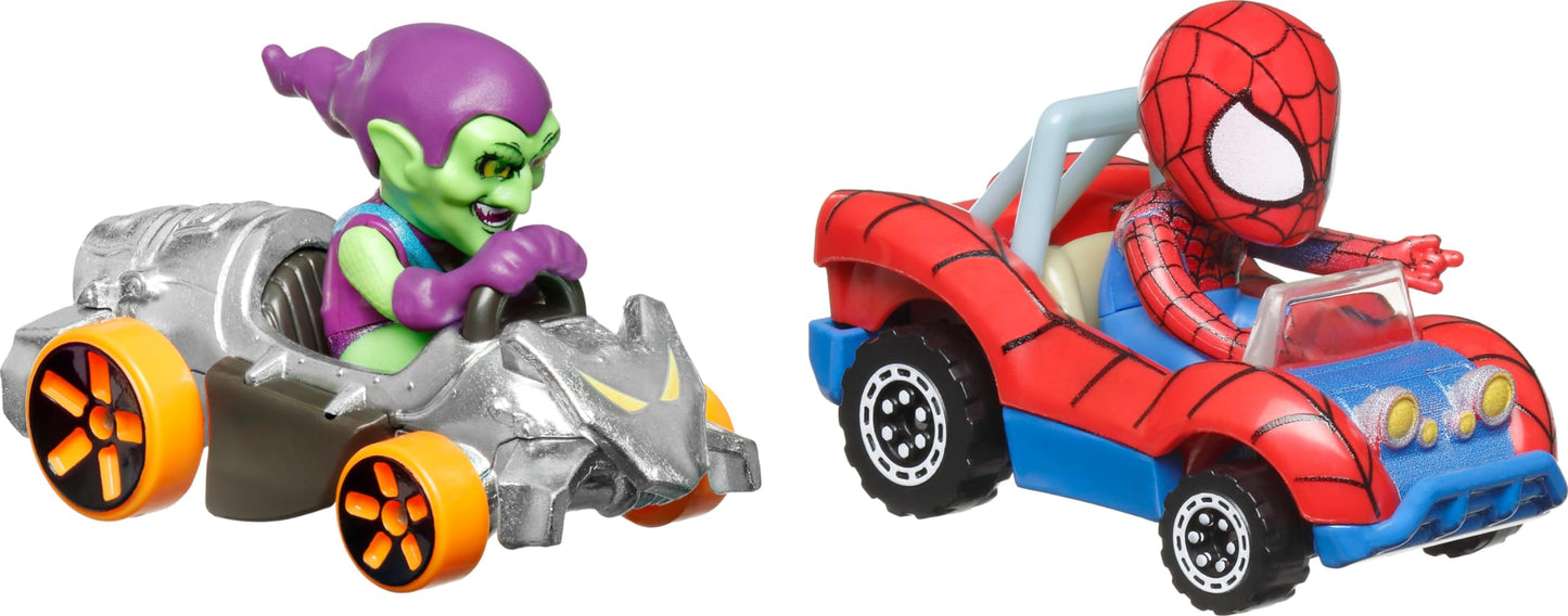 Hot Wheels RacerVerse Toy Cars 2-Pack, Set of 2 Die-Cast Vehicles with Character Driver, Optimized for Track Performance : Spider Man & Green Goblin