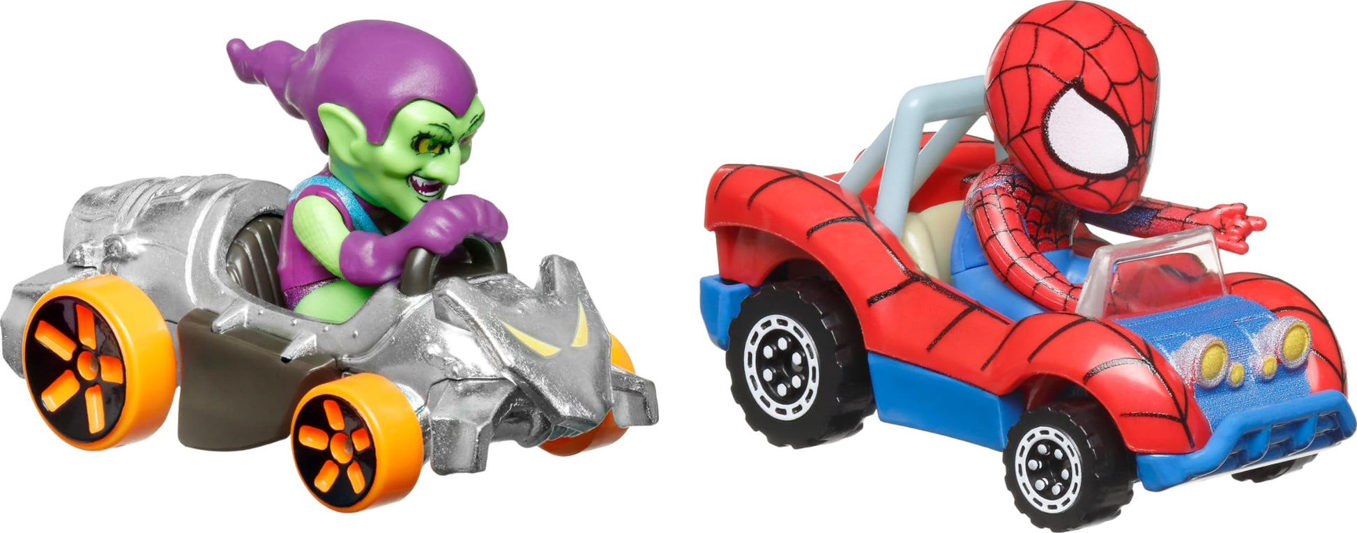 Hot Wheels RacerVerse Toy Cars 2-Pack, Set of 2 Die-Cast Vehicles with Character Driver, Optimized for Track Performance : Spider Man & Green Goblin