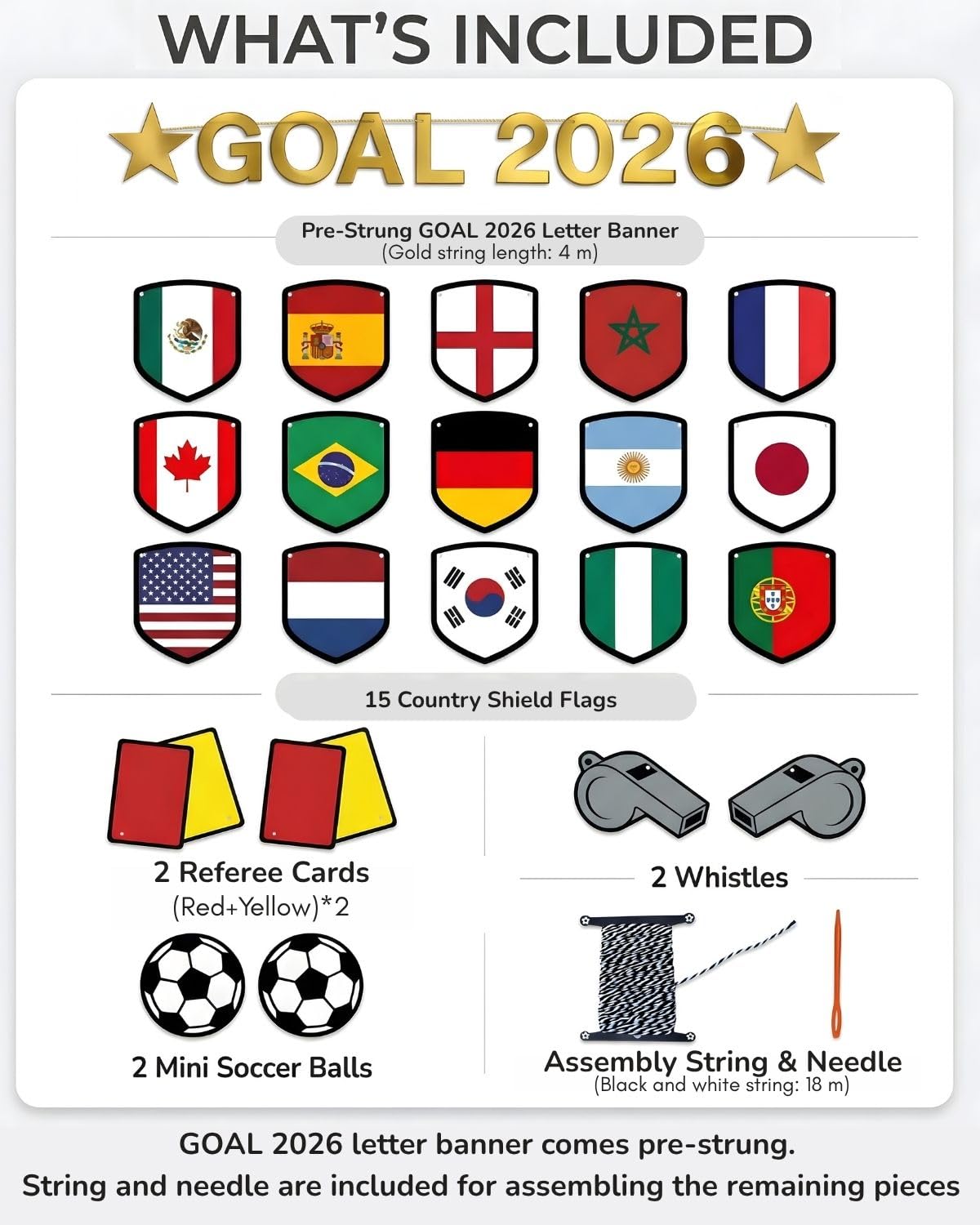 2026 Soccer Watch Party Decorations, GOAL 2026 Banner Set with 15 Country Flags, Soccer Game Day TV Wall Decor for Living Room, Office, Home Party