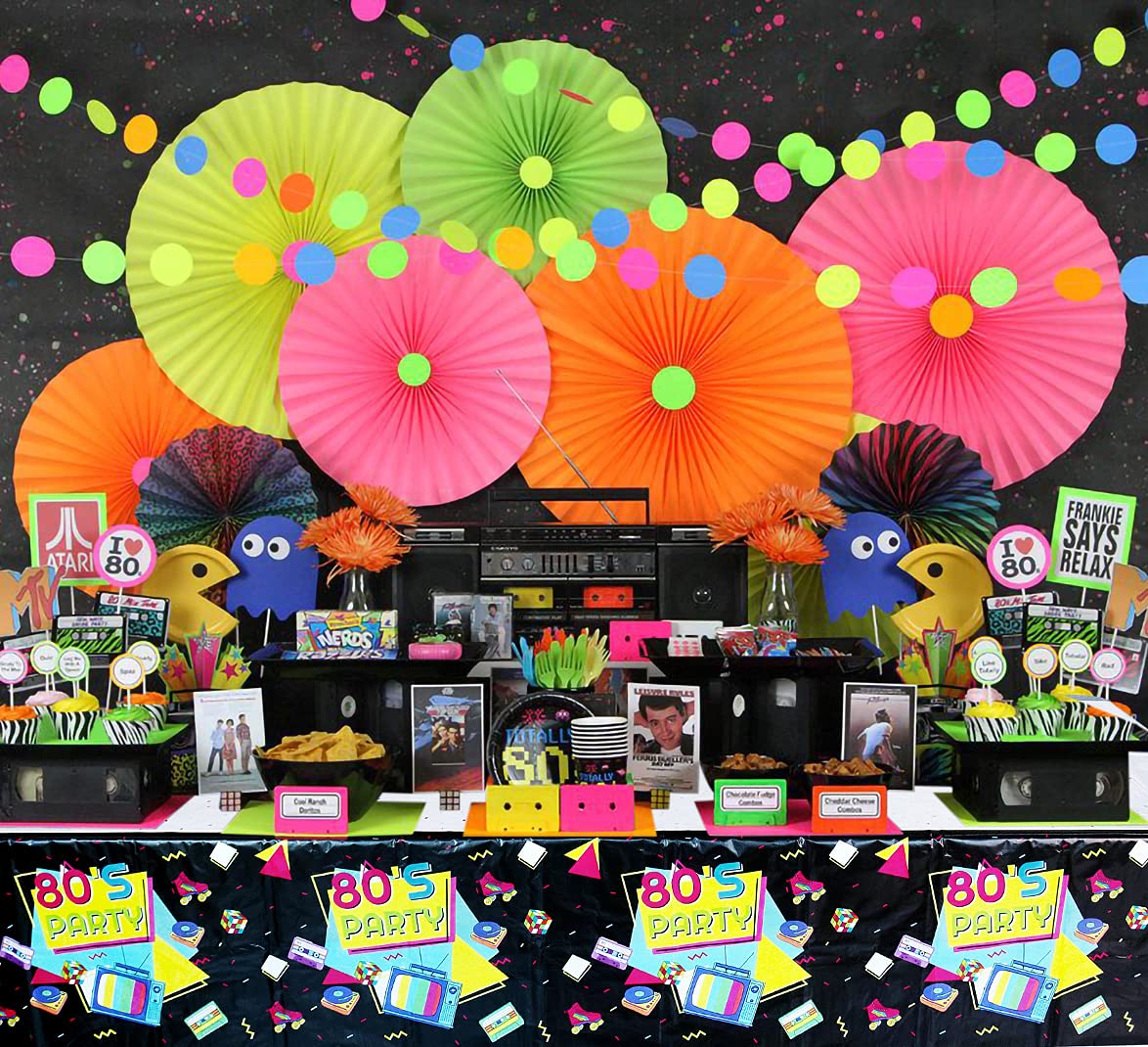 Hegbolke 80s Party Supplies - 122 Pcs Plates, Napkins, Tablecloth Set for Back to the 80s Party Decorations - Serves 40