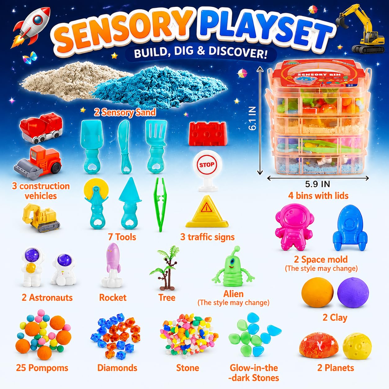 AGENTLAN Stackable Sensory Bin, Construction & Space Sensory Sand Play Set