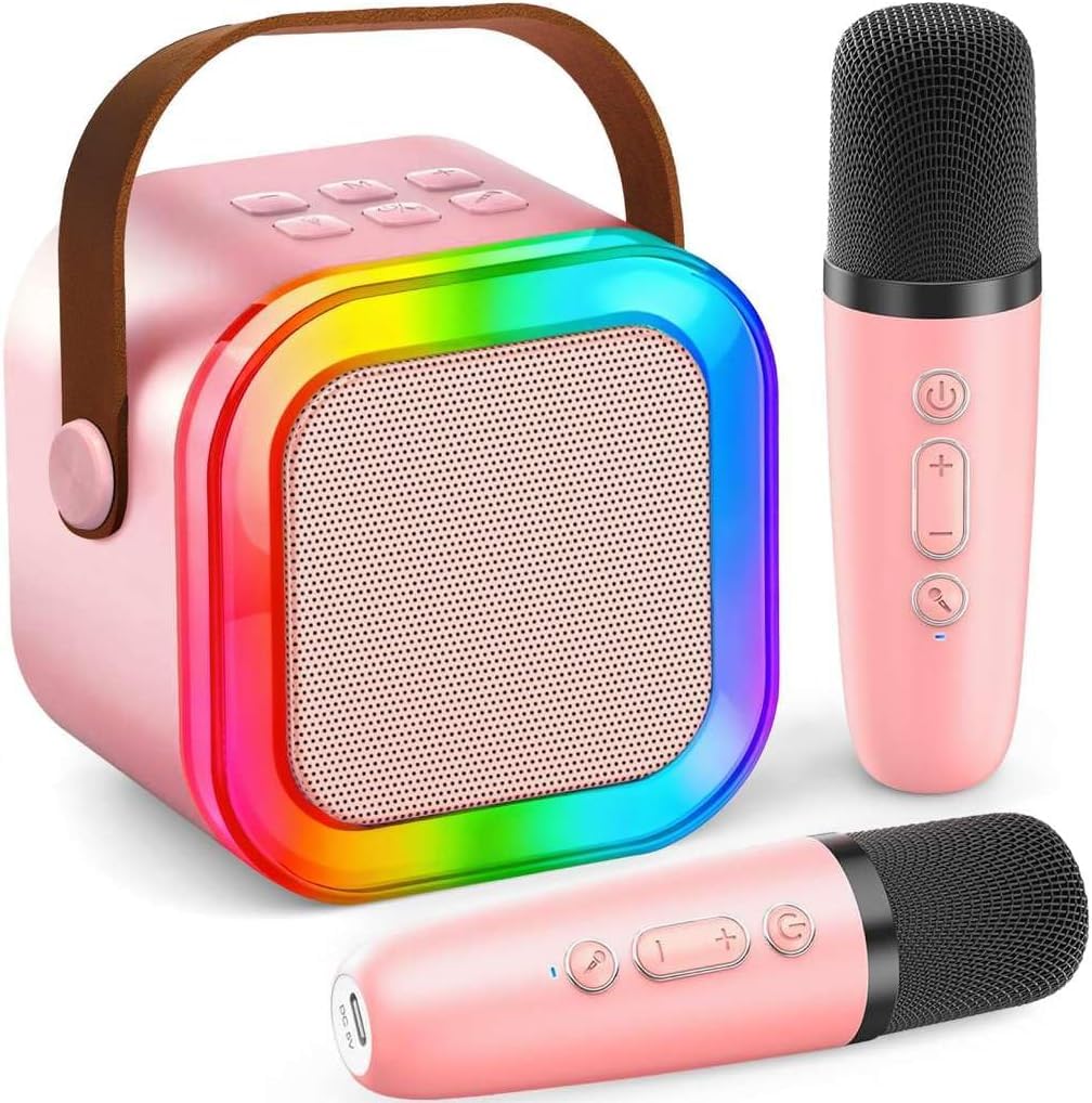 Karaoke Machine for Kids Adults, Portable Mini Bluetooth Speaker with 2 Wireless Microphones, LED Lights, Singing System for Family Home Party, Voice
