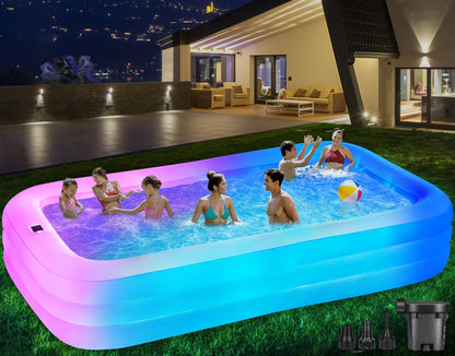 Large Solar Inflatable Pool with Lights, 130"x72"x22" Blow-Up Kiddie Pool with Air PUM, 7 Color Changed Family Swimming Pool for Backyard, Outdoor
