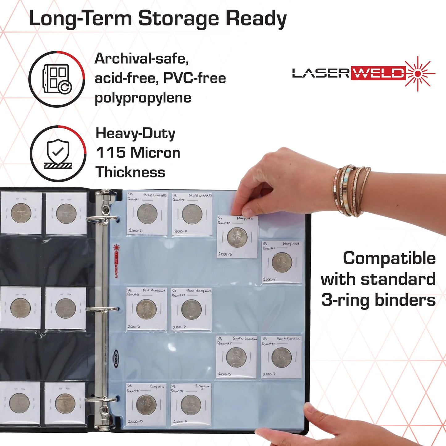 BCW LaserWeld 20-Pocket Coin Pages | 50 Count | Archival Acid-Free 3-Ring Binder Pages for Coins, Cards & Slides | Strong, Flat Laser-Welded Seams