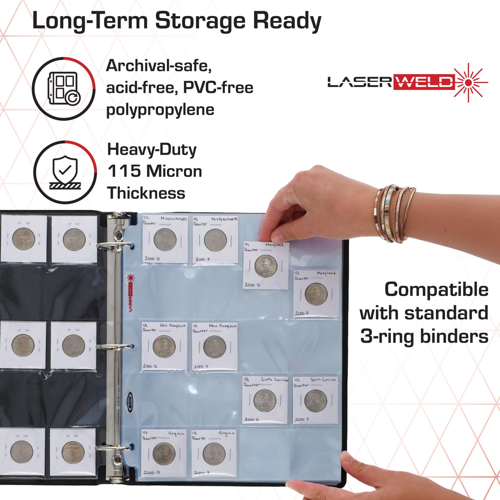 BCW LaserWeld 20-Pocket Coin Pages | 50 Count | Archival Acid-Free 3-Ring Binder Pages for Coins, Cards & Slides | Strong, Flat Laser-Welded Seams