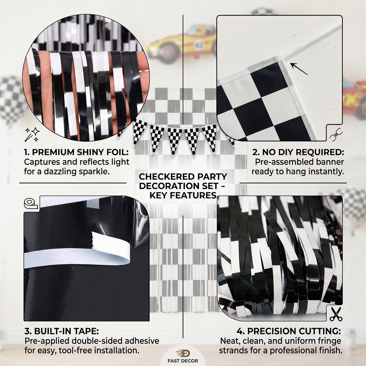 4 Pack Black White Checkered Party Decoration Set, 2 Pack 3.3ft x 6.6 ft Black White Checkerboard Foil Fringe Tinsel Streamer Curtain Backdrop + 2