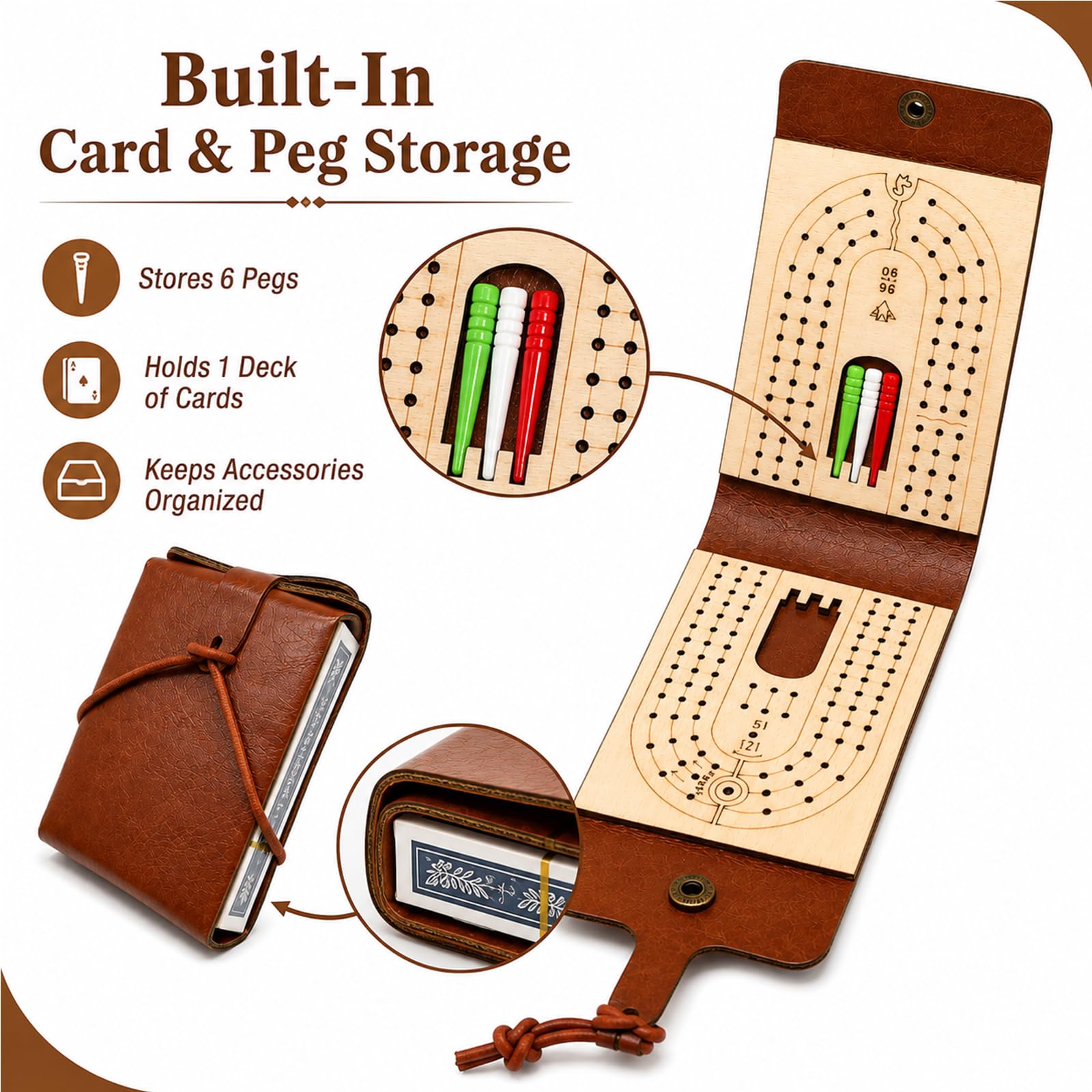 Foldable Travel Cribbage Board Game Set, Portable Leather Cribbage Board with Card & Peg Storage, Includes 6 Pegs & 1 Deck for Adults & Family Game