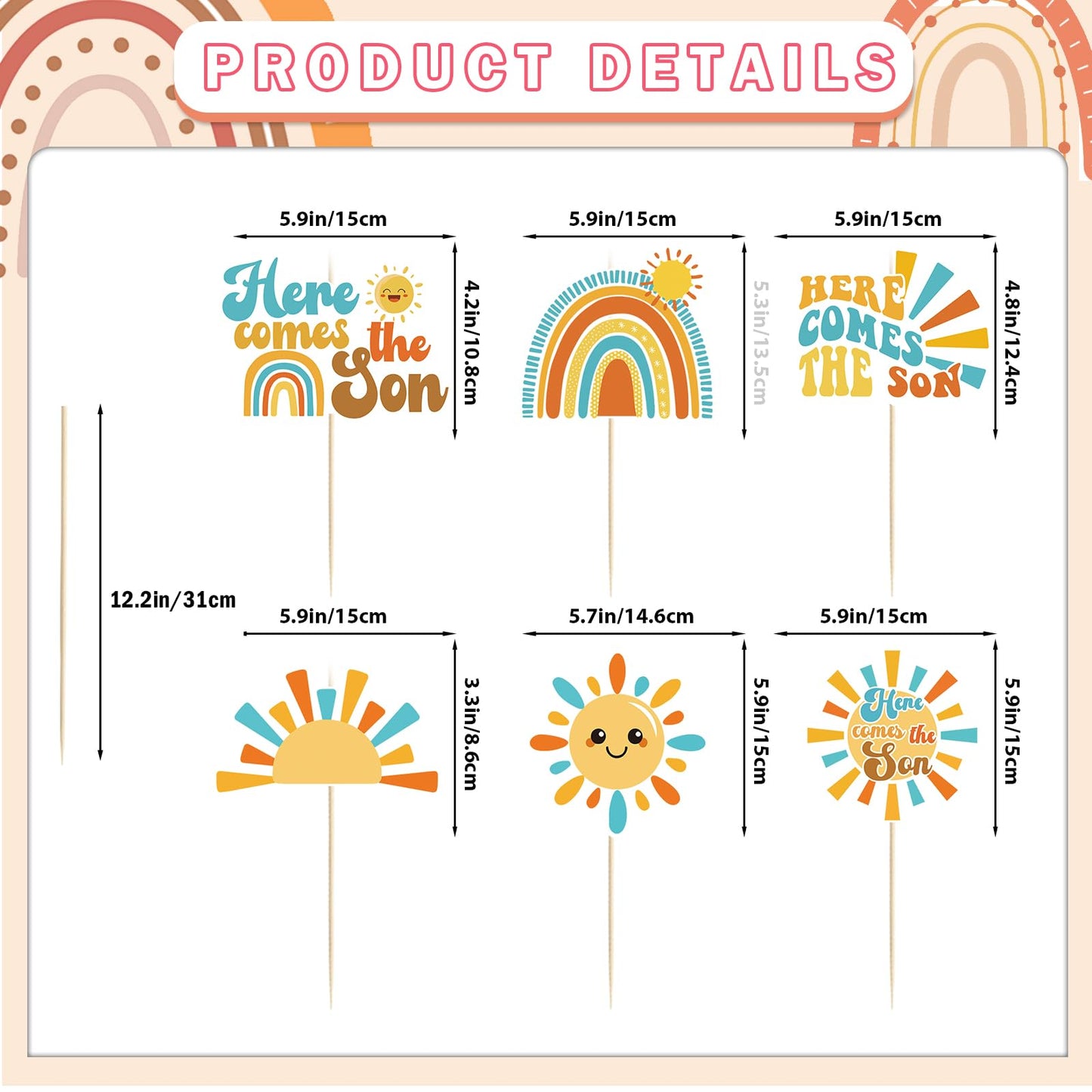 Here Comes The Son Centerpiece Sticks Here Comes The Son Baby Shower Decorations 24Pcs Sun Table Toppers Sunshine Baby Shower Supplies Boho Sun