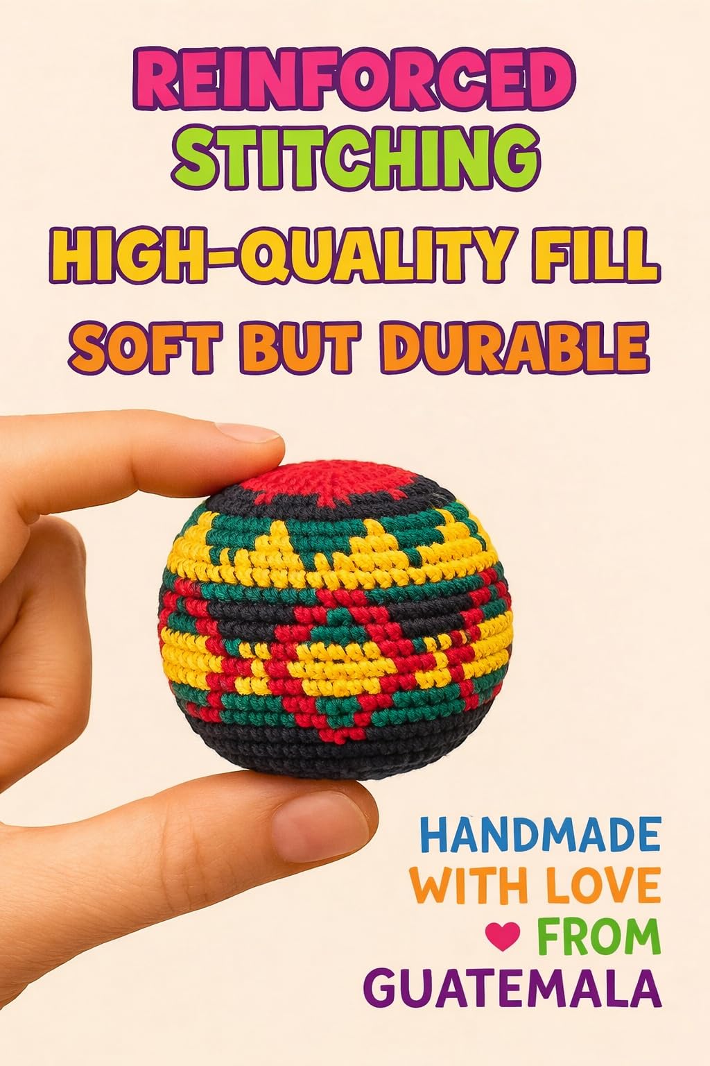 Funny Guy Mugs Footbag Balls 3 Pack Handmade Crocheted Kick Toss Balls from Guatemala Assorted Patterns Rasta