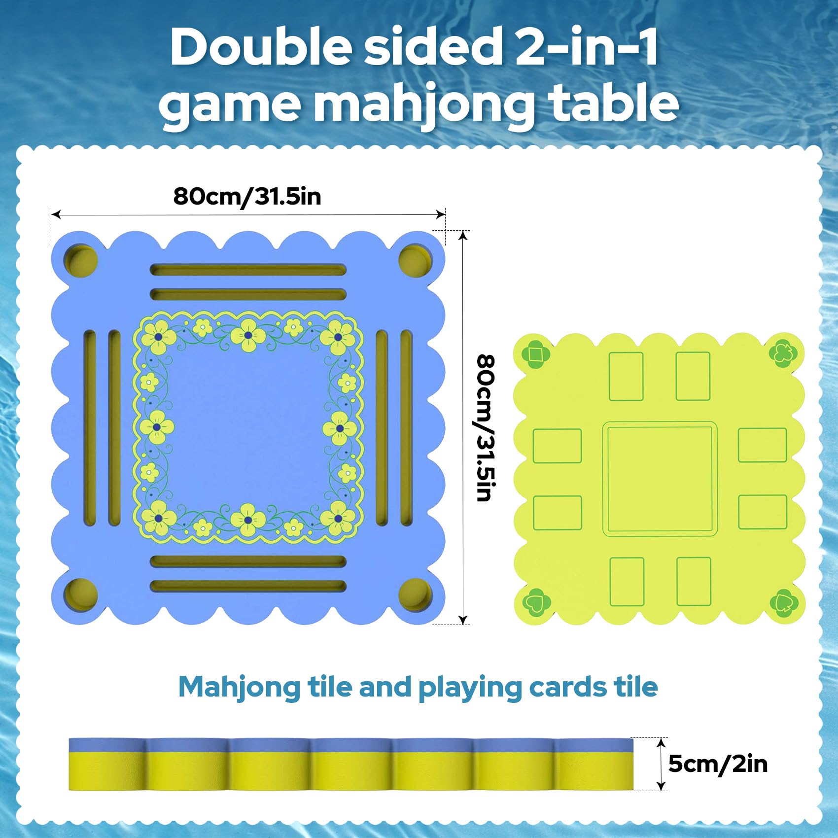 PCTOMU Floating Mahjong Table for Pool, Double Side Float Board with Playing Cards for Mahjong Poker Scrabble Dominoes Card Games Pool Mahjong