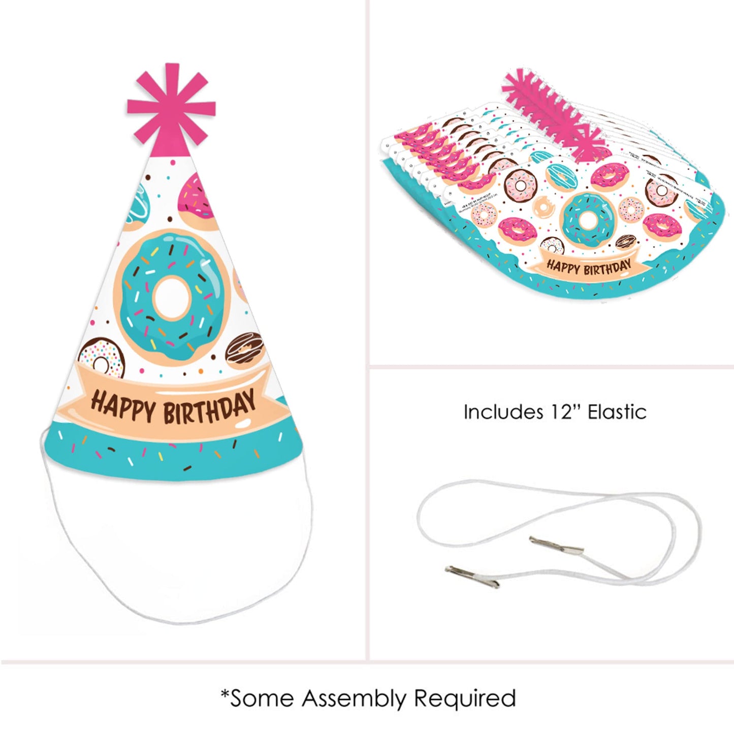 Big Dot of Happiness Donut Worry, Let’s Party - Cone Happy Birthday Party Hats for Kids and Adults - Set of 8 (Standard Size)
