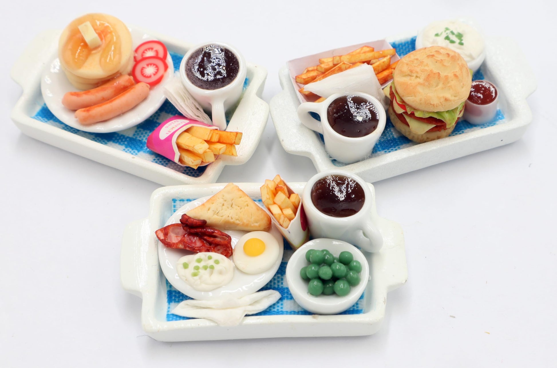 3 Pcs Dollhouse Miniature Food Trays - Handmade Clay Pancake, Burger & Sandwich Coffee Sets on Plastic Trays (1.5 x 2 Inch), 1/6 Scale Dollhouse