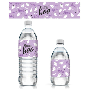 Purple Little Boo Ghost Girl Baby Shower Water Bottle Labels, 20 Count