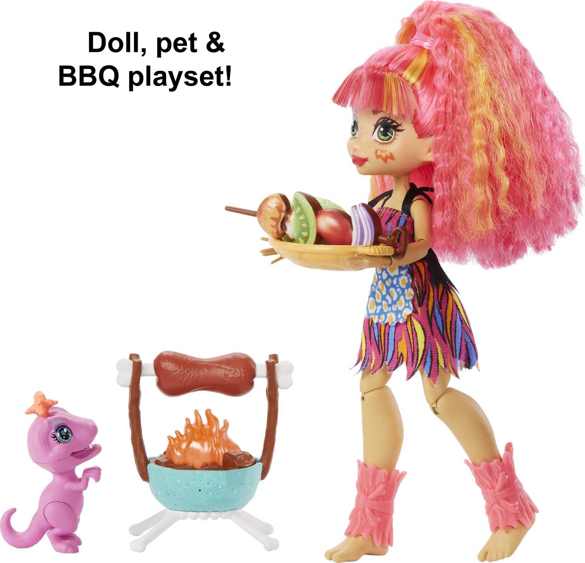 Mattel Cave Club Blazin' BBQ Adventure Playset with Emberly Doll (8 - 10-inch, Pink Hair), Dinosaur Pet and Storytelling Accessories with Cooking