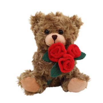 Plushland Stuffed Mocha Rose Bear, Plush Bear Toy for Kids & Adults - Red Rose in Hand - Brown-6 inches