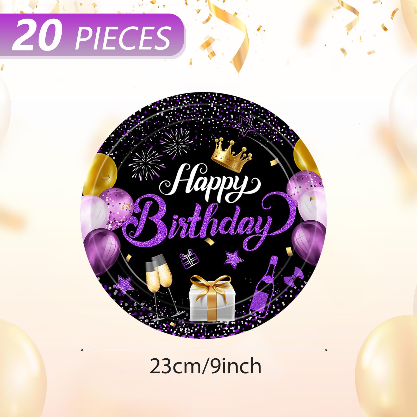 VVBray 20Pcs Birthday Plates Purple Birthday Decorations 9Inch Disposable Paper Plates Purple Party Tableware Dessert Plate Set,for Happy Birthday