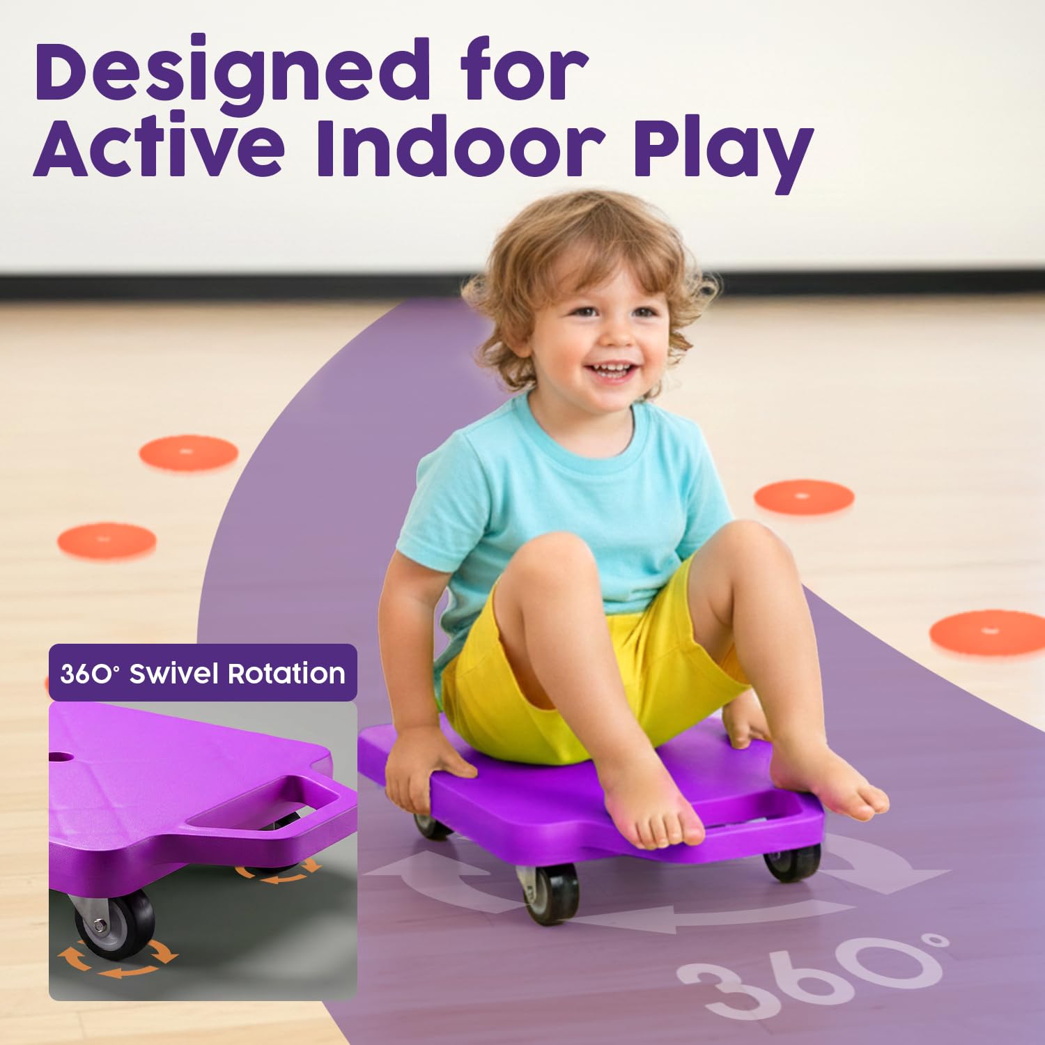 Hurtle Scooter Board for Kids with Safety Handles - Heavy Duty Gym Floor Scooter with 360° Wheels for PE, Indoor Active & Sensory Play - Supports 200