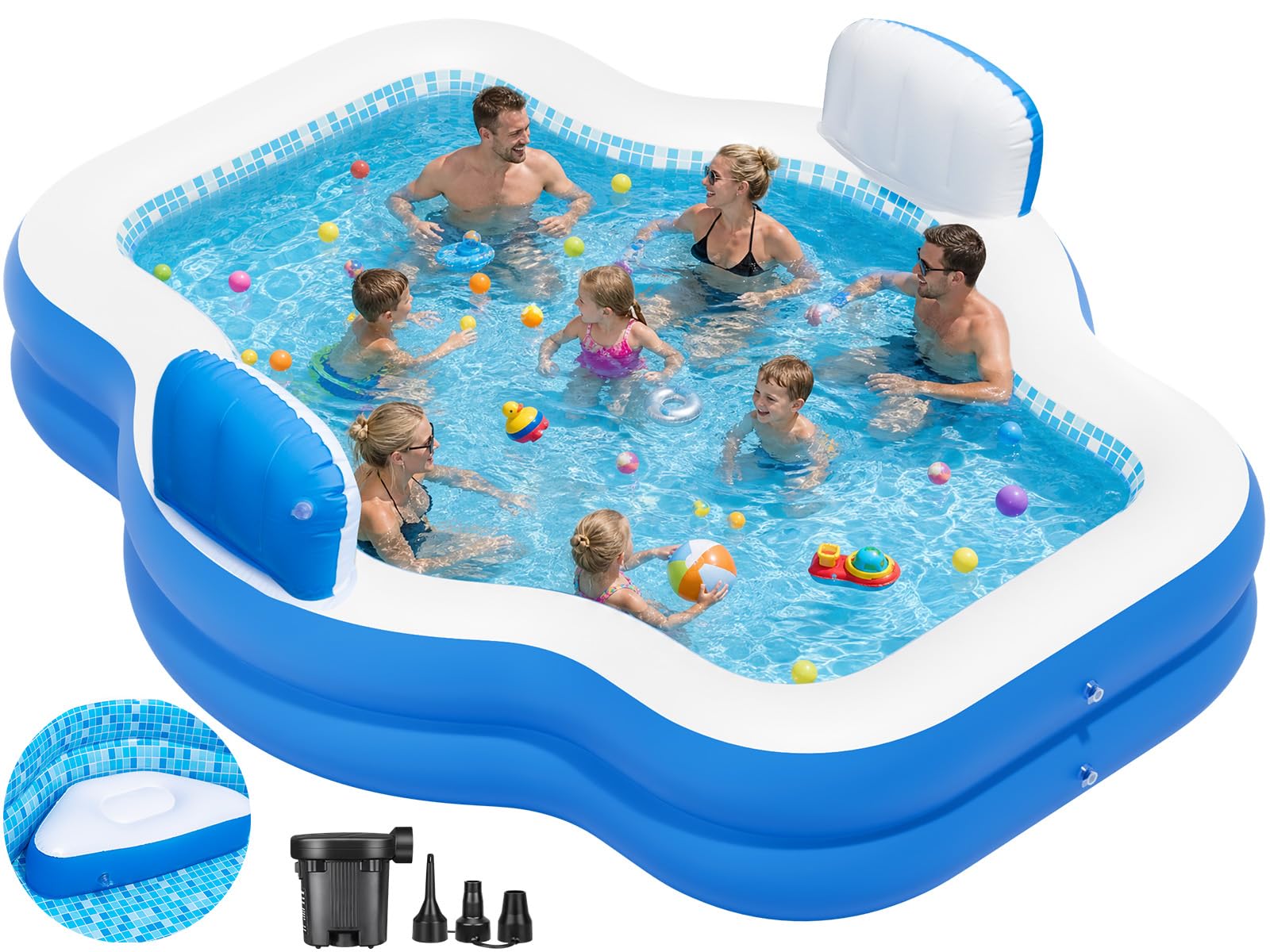 ALSTU Extra Large Inflatable Pool with Pump, 121" X 90" X 22" Full-Sized Blow Up Pool with Seats for Adults, Family Inflatable Swimming Pool