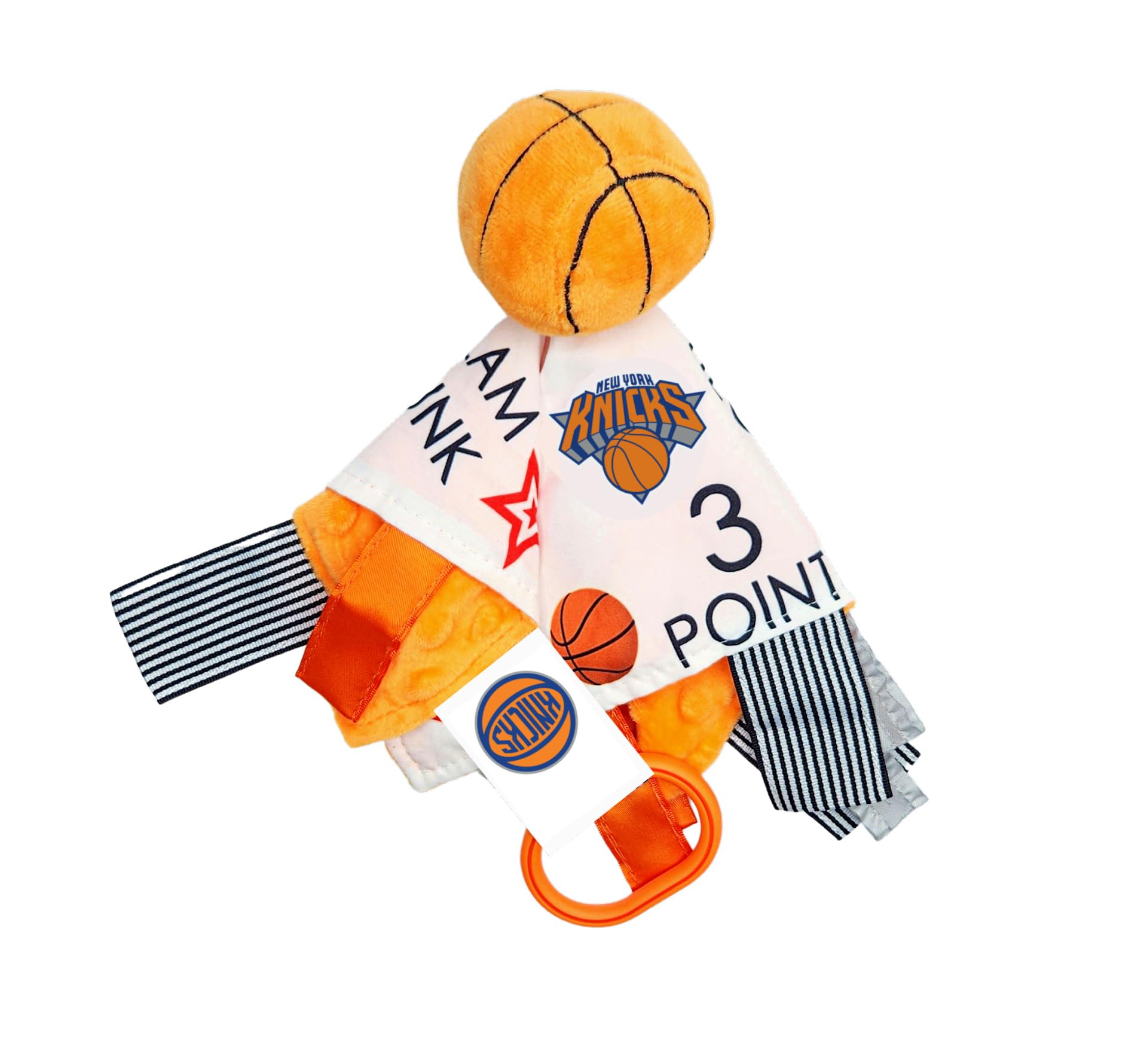 The Learning Lovey New York Knicks Baby Tag Toy - NBA Basketball - Baby Sensory Crinkle Toys - Soft & Safe - Ideal Baby Stroller Toy - BPA Free
