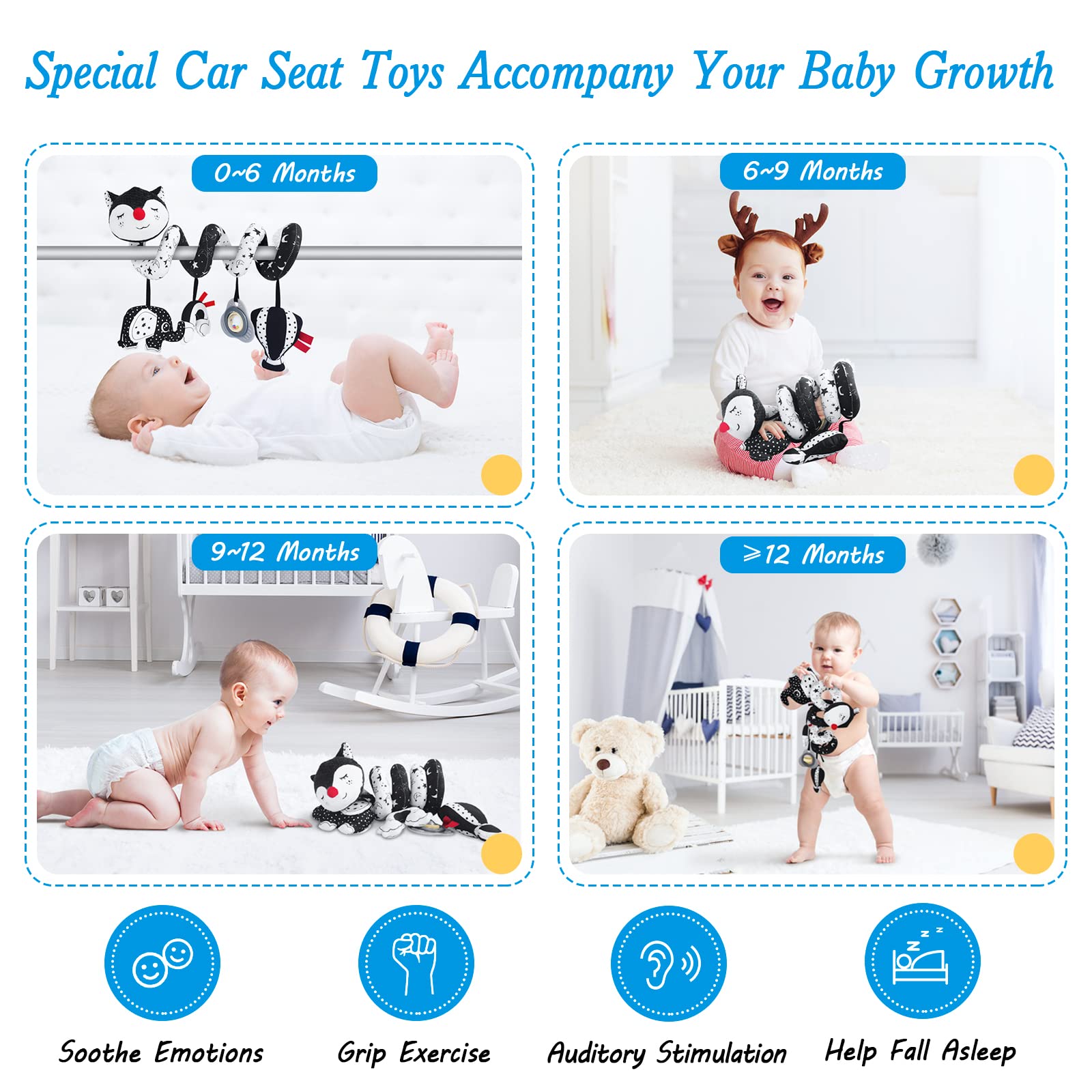 FATI Car Seat Toys for Babies 0-6 Months, Black and White High Contrast Baby Spiral Carseat Toy for Infant 0-3, 3-6 Newborn, Stroller Toys for 0 3 6 9