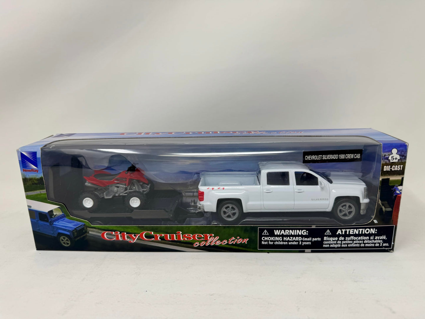 NewRay Toys 1:43 Chevy Silverado Pick Up Truck with Trailer and Dirt Bike